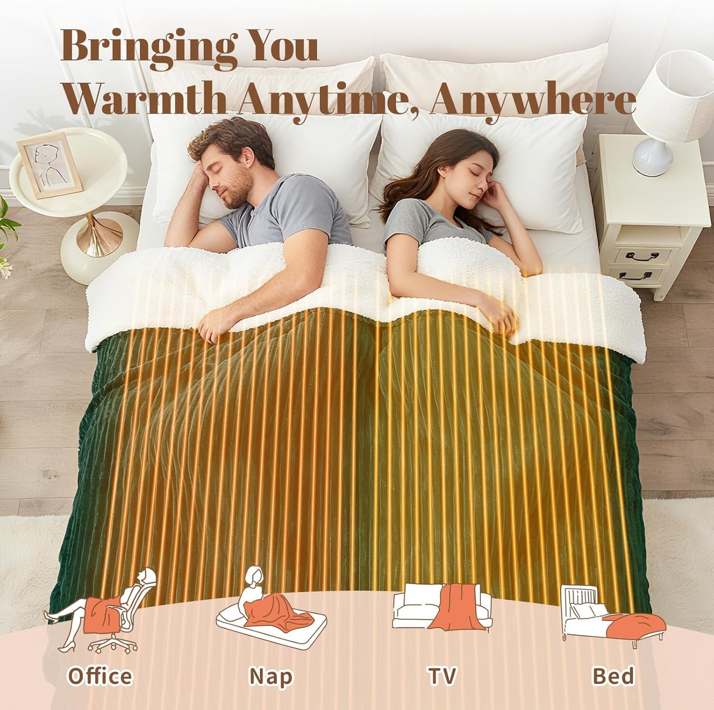 Electric Heated Blanket Queen Size Dual Control - 84"x90" Fast Heating Bed Blankets with 6 Heating Levels & 10 Hours Auto Off, Soft Ribbed Flannel, Over-Heat Protection ETL, Dark Green