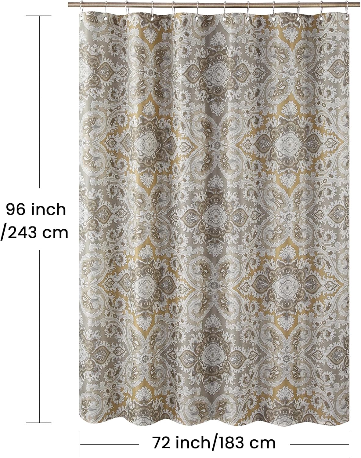 Extra Long Fabric Shower Curtain, 72 x 96 Inches Beige and Grey Boho Paisley Damask Pattern Shower Curtains for Bathroom, Waterproof Bathroom Curtains, 72" W x 96" H
