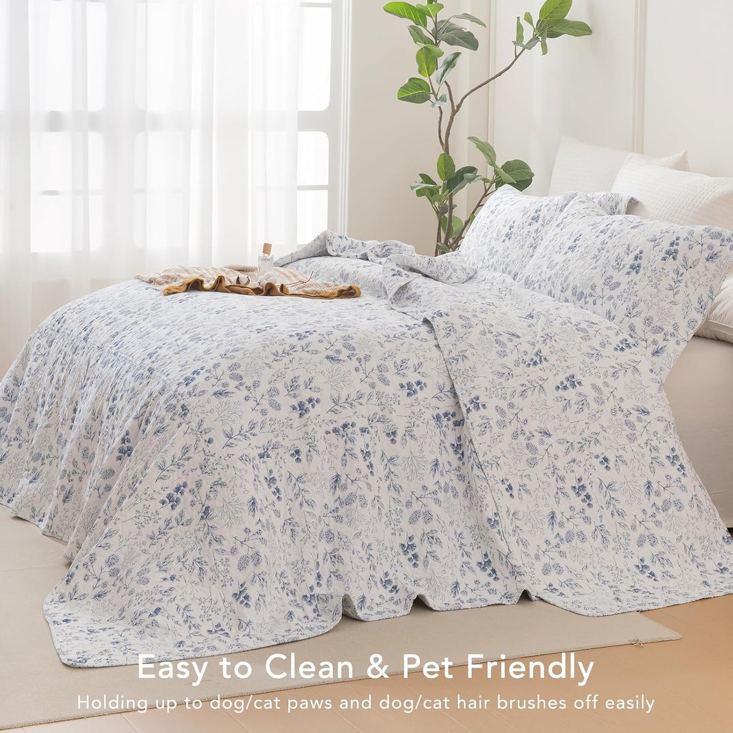 Lady Ann Oversized King Quilt Bedspreads 128x120,Cotton Blue and White Floral & Leaves Pattern California King Size Quilt Bedding Set Extra Large Lightweight Quilted Bedding Coverlet Set 3Pcs