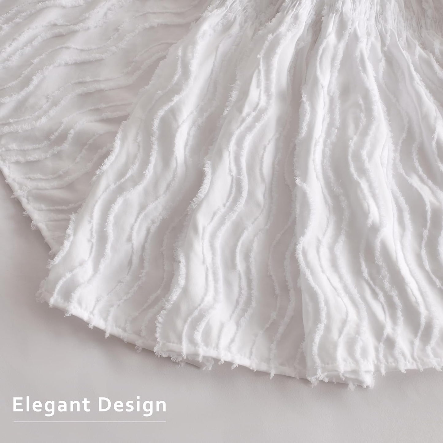 MIYE Wavy Tufted Bed Skirt - Wrap Around Dust Ruffle with Elastic Belts - 12.5 Inch Drop Easy to Put On - Bedskirt Machine Washable & Wrinkle Resistant(Wavy/White, King/Queen-12.5 Drop)