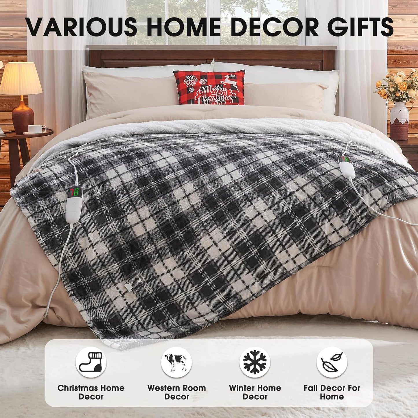 OCTROT Black Electric Heated Blanket King Size, 90X100 Black Blanket with Dual Control&10 Heats Levels&Timer for Bed,Large Plaid Sherpa Heating Blankets Warmer Gifts for Grandma Women Adults,Washable