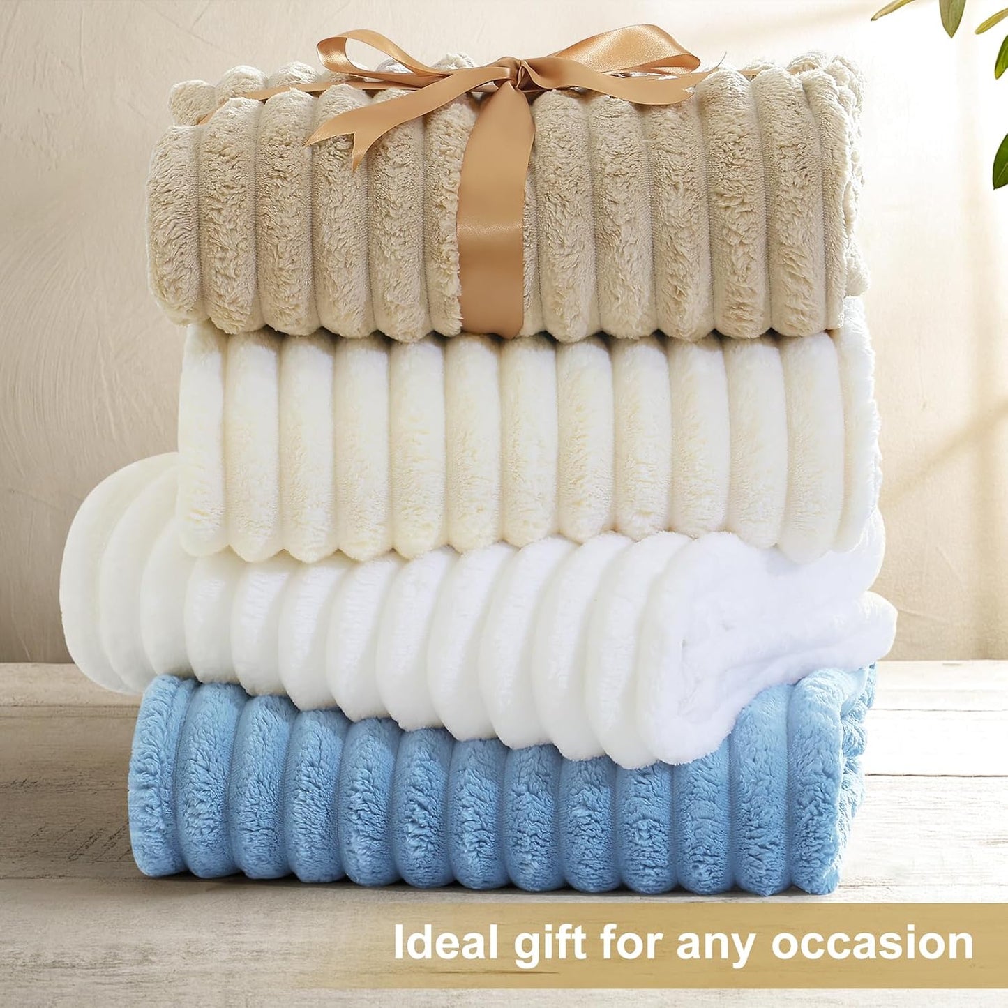 decorUhome Christmas Soft Fleece Blue Twin Blanket for Bed, Cozy Fluffy Plush Flannel Striped Throws for Couch Sofa, Lightweight Decorative Ribbed Fuzzy Blanket for Woman, 60x80 Inches