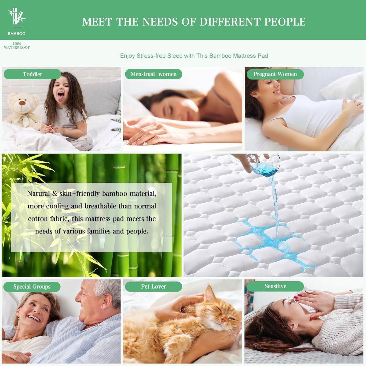 UNILIBRA Queen Mattress Protector Waterproof Rayon from Bamboo, Deep Pocket Mattress Pad Cover Fit up to 6''-21'', Breathable Soft Filling Quilted Fitted Mattress Topper