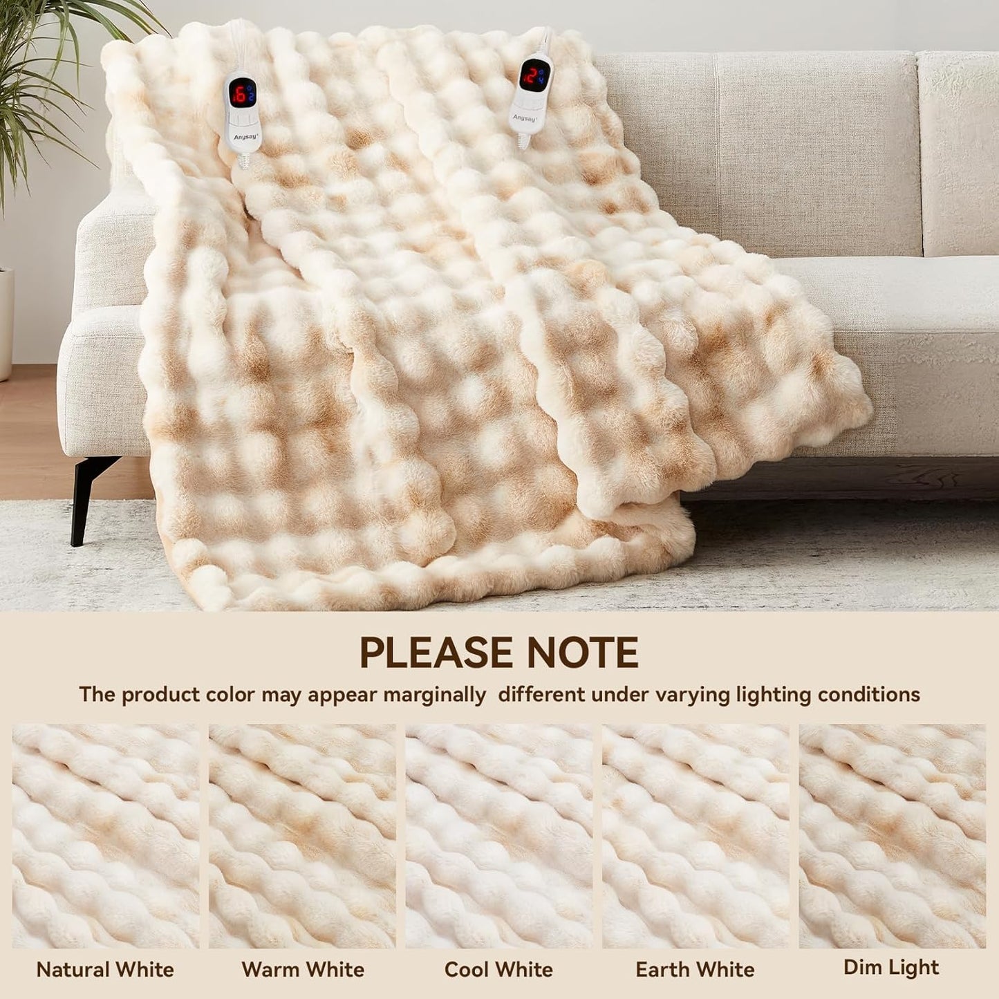 Heated Blanket King Size with 1/2/4/6/8 Hours Auto-Off 10 Heat Level, 90'' * 100'' Cozy Faux Rabbit Fur Bubble Electric Blanket with Overheat Protection(Tie-Dye Beige)