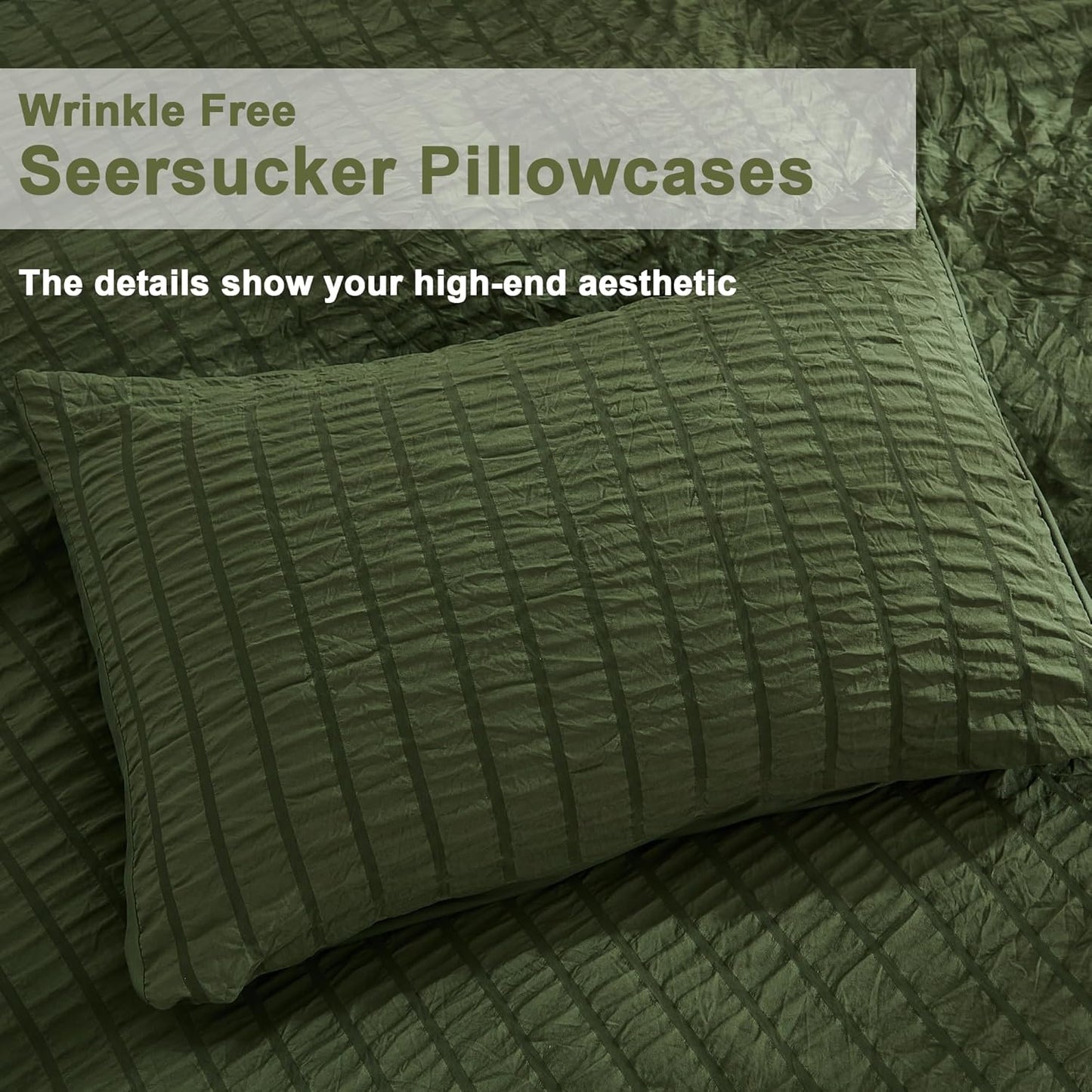 AveLom Dark Olive Green Seersucker Duvet Cover Set King (104 x 90 inches), 3 Pieces (1 Duvet Cover + 2 Pillowcases), Soft Washed Microfiber, Textured Duvet Cover with Zipper Closure, Corner Ties