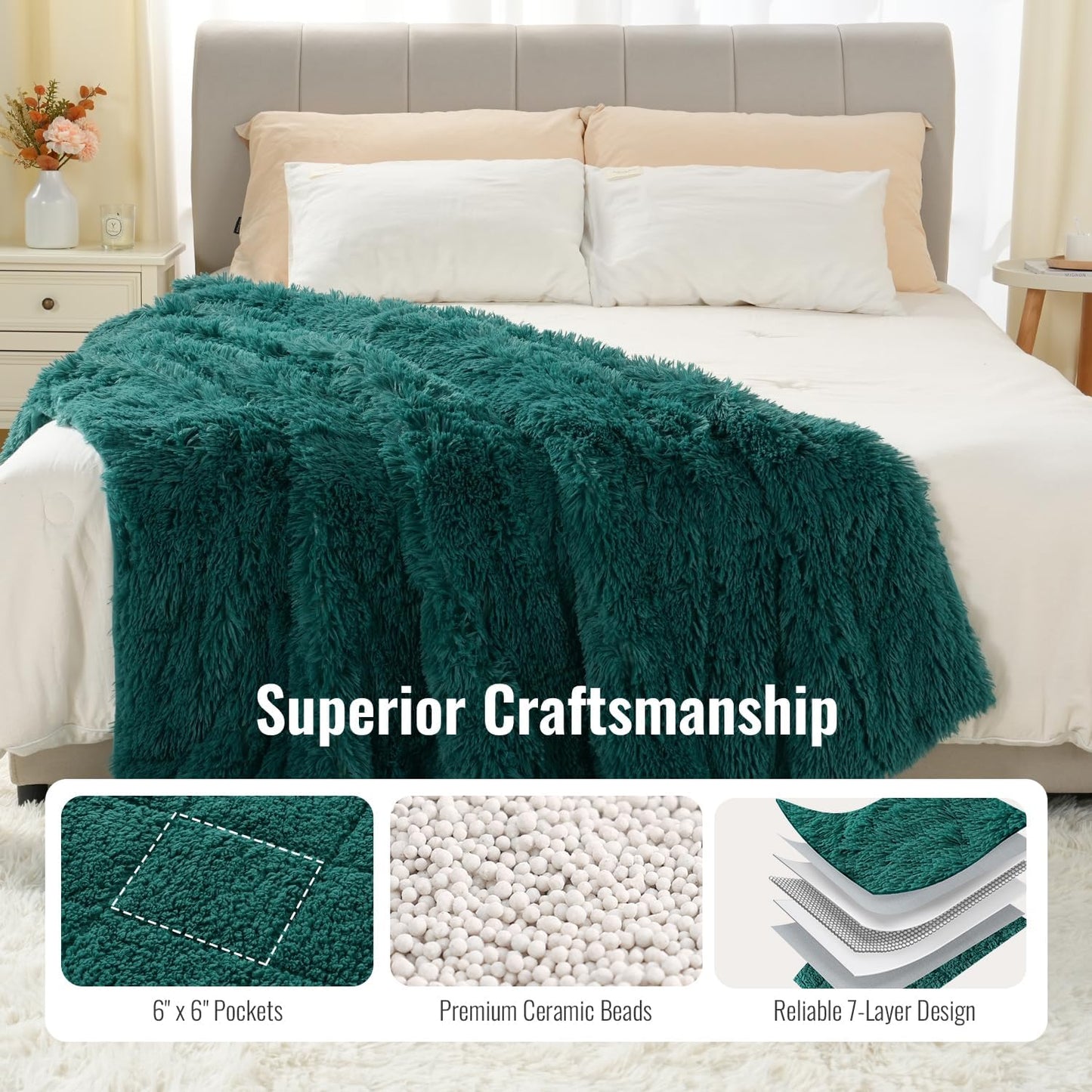 Uttermara Shaggy Faux Fur Weighted Blanket Queen Size, 12 lbs Long Fur Sherpa Soft Fluffy Bed Blanket for Adults, Ultra Cozy Warm Sherpa Throw Full Size Sofa Bed Blanket, 48 x 72inches, Forest Green