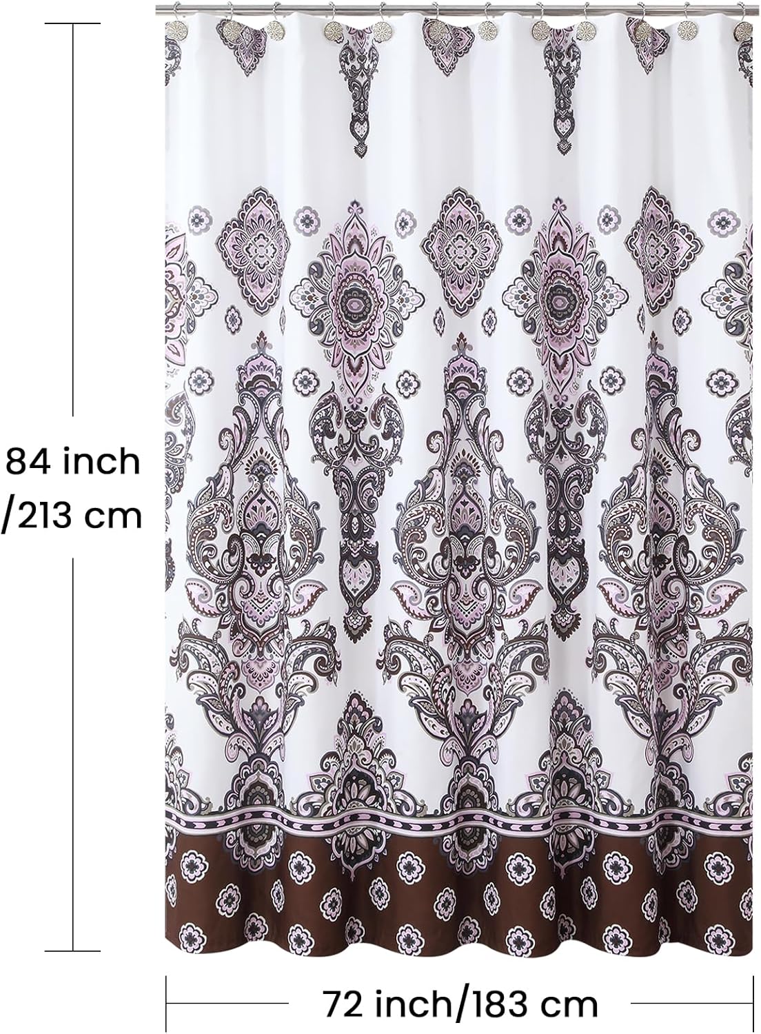 Extra Long Shower Curtain, White Baroque Bath Curtain with Brown & Pink Paisley Medallion Print, Waterproof Luxury Fabric, 72" W x 84" H