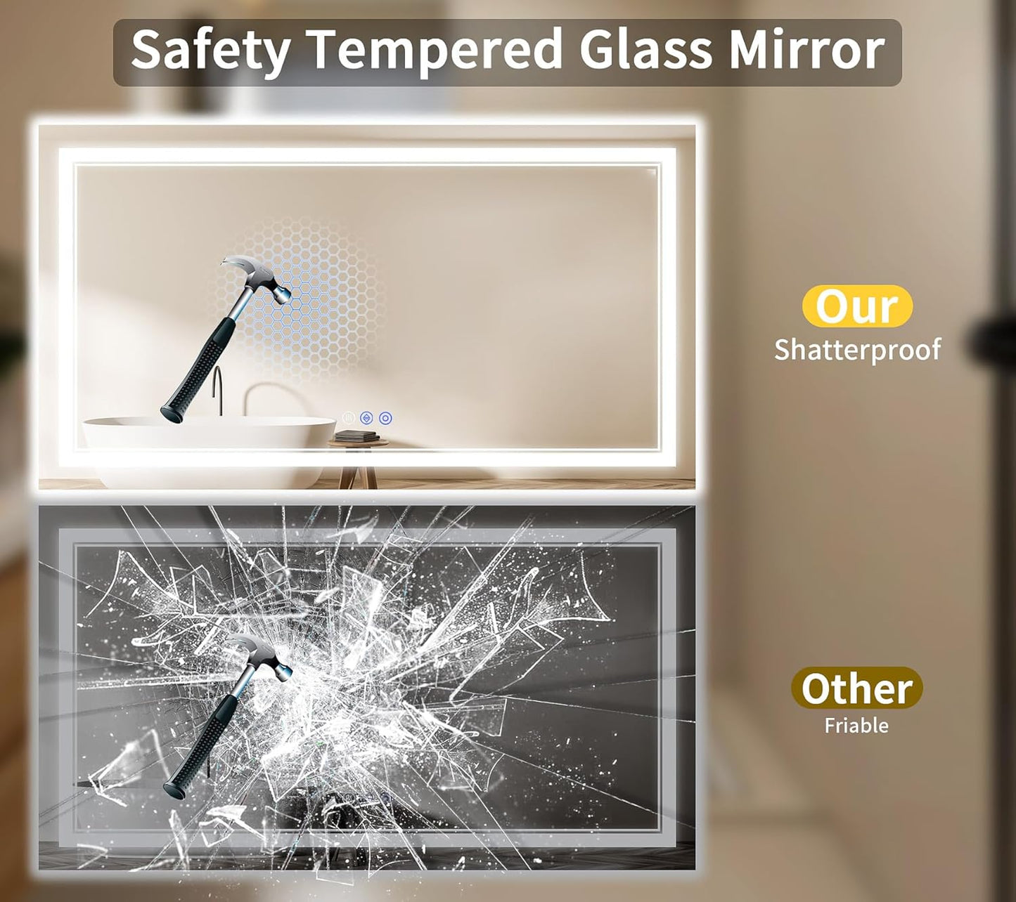 30"x60" LED Bathroom Mirror with Lights, Anti-Fog, Backlit + Front Lit, Dimmable, Led Vanity Mirror for Wall, Lighted Bathroom Mirror, 3 Colors, Shatter-Proof Tempered Glass