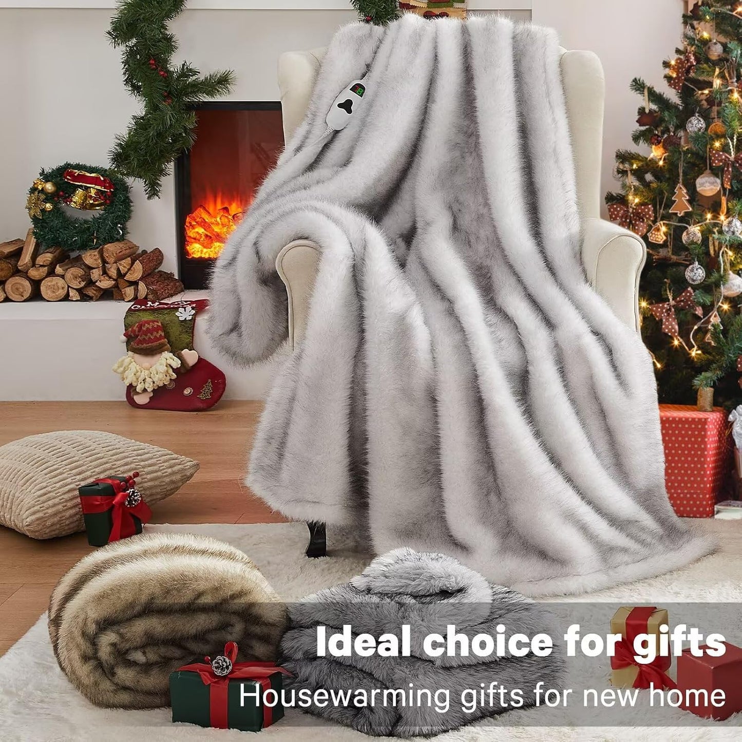 Heated Electric Blanket Twin, Octrot 60"X80" Faux Fur Heating Blanket Luxury Christmas Gifts Heavy Plush with 10 Heats Levels & 8 Hours Auto Off,Super Cozy Warm Fuzzy,Fluffy Decor Winter Warming,Beige