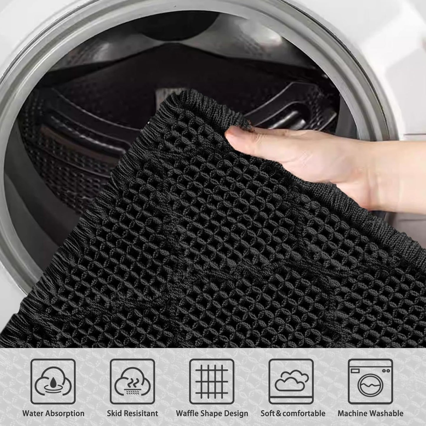 ZALL Black Waffle Bath Mat,Super Absorbent Non Slip Bathroom Rug,18x30inch, Geometric Diamond Machine Washable Ultra Soft Floor Mats