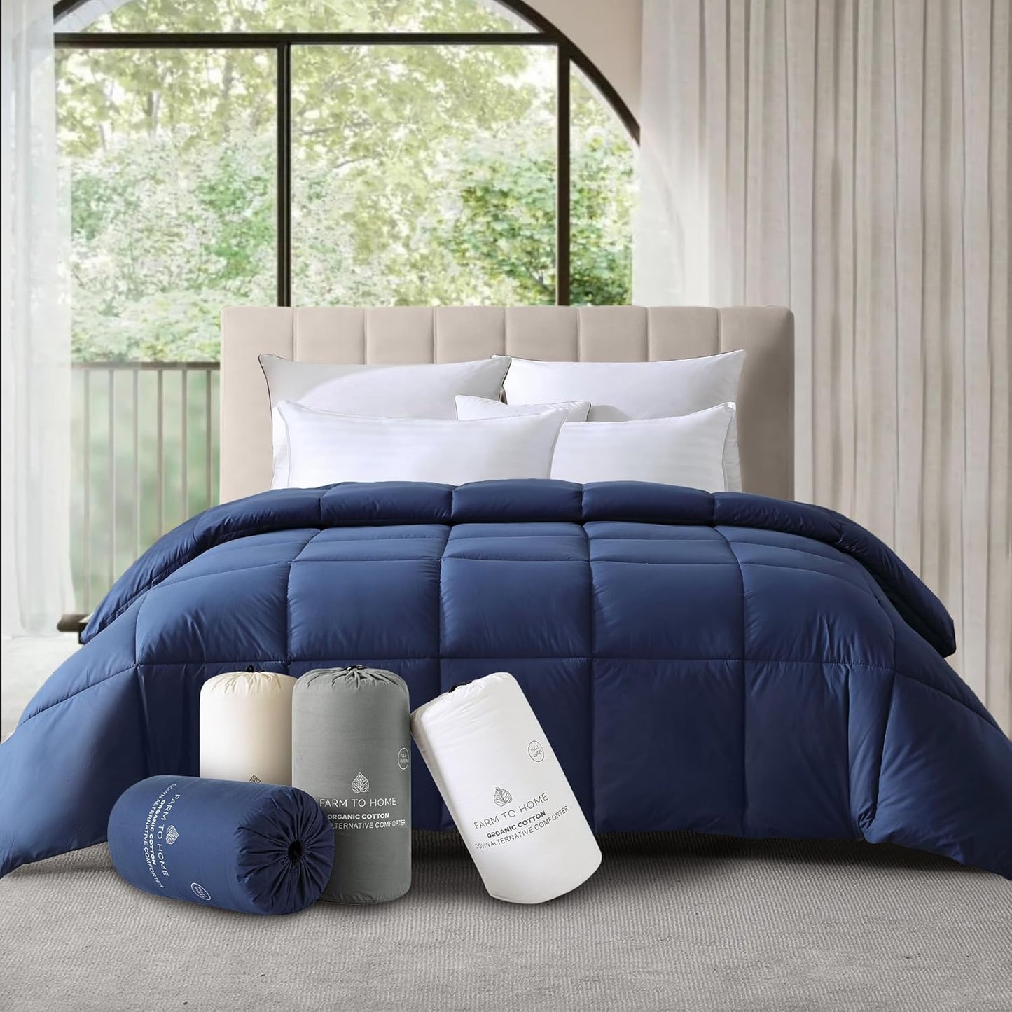 Farm To Home Luxury Comforter Organic Cotton All Season Fluffy Lightweight Down Alternative Machine Washable Comforter for Bedroom, Full/Queen, Navy
