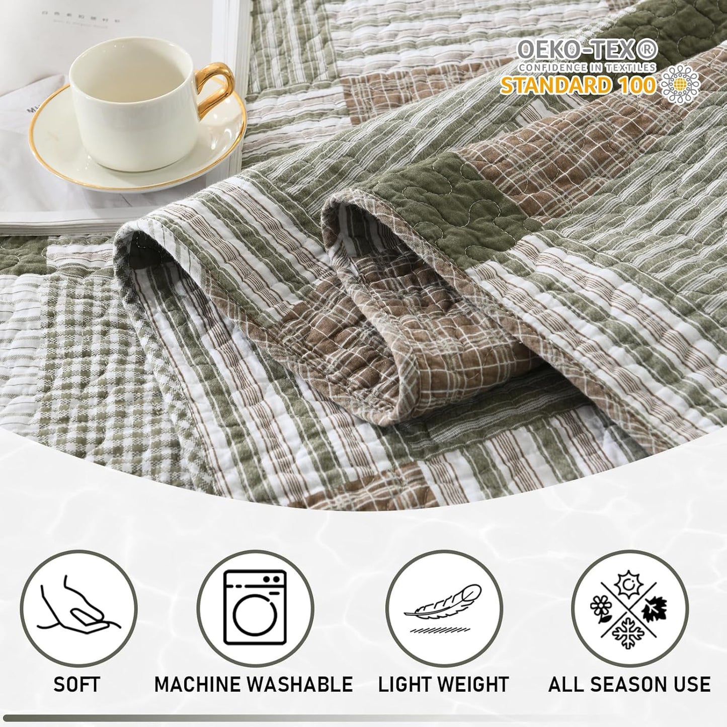 KALOOLA Plaid King Quilt Set, 100% Cotton Green Beige King Bedding Set 3 Pieces, Farmhouse Lightweight Bedspread Coverlet for All Seasons, 1 Quilt 2 Pillowshams