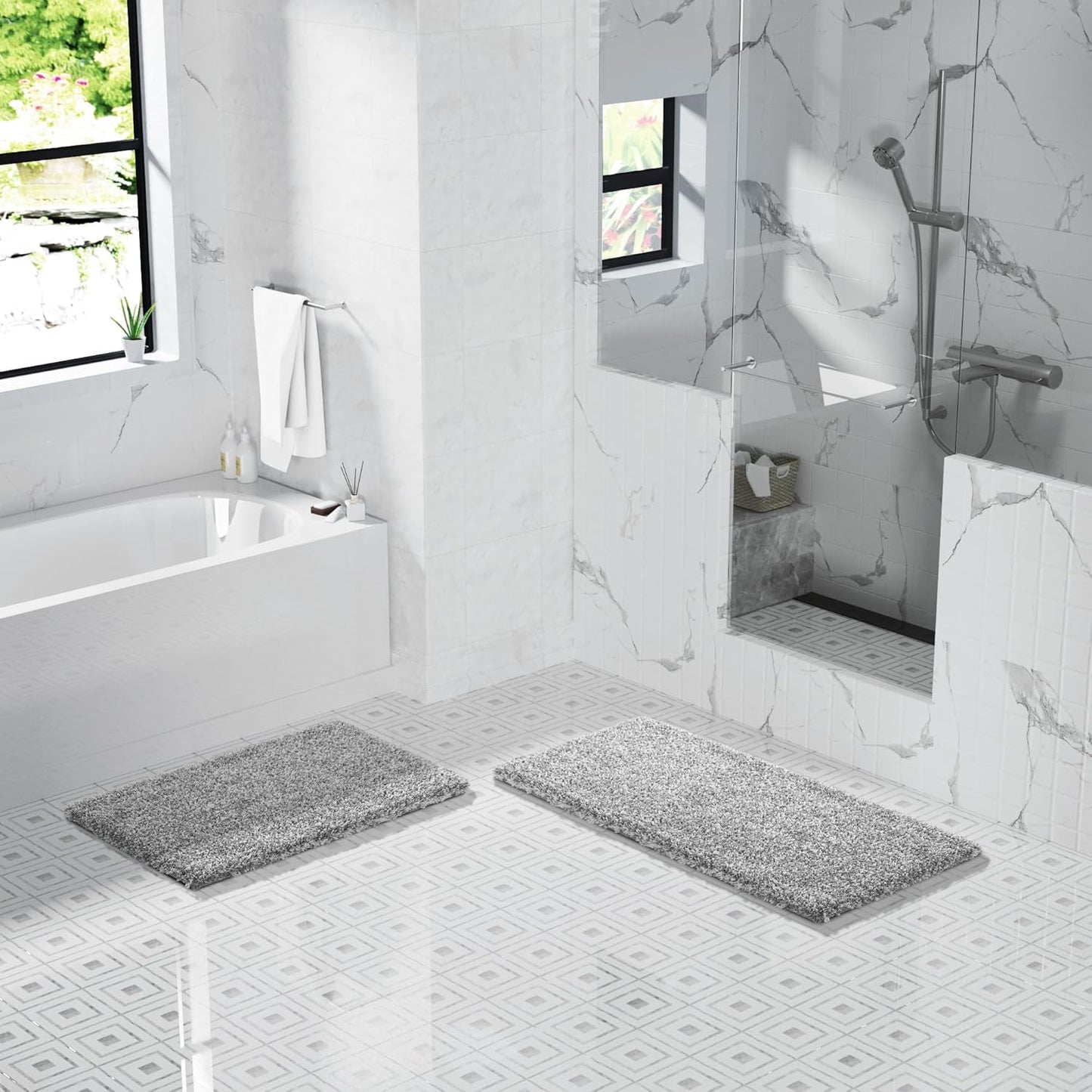 Yimobra Luxury Bathroom Rugs, Fluffy Bath Mats, Non Slip, Water Absorbent Microfiber, Machine Washable, Plush Carpet Shower Rugs, Thick Matts for Bathroom Floor&Tub, 44"x 24", Light Gray and White