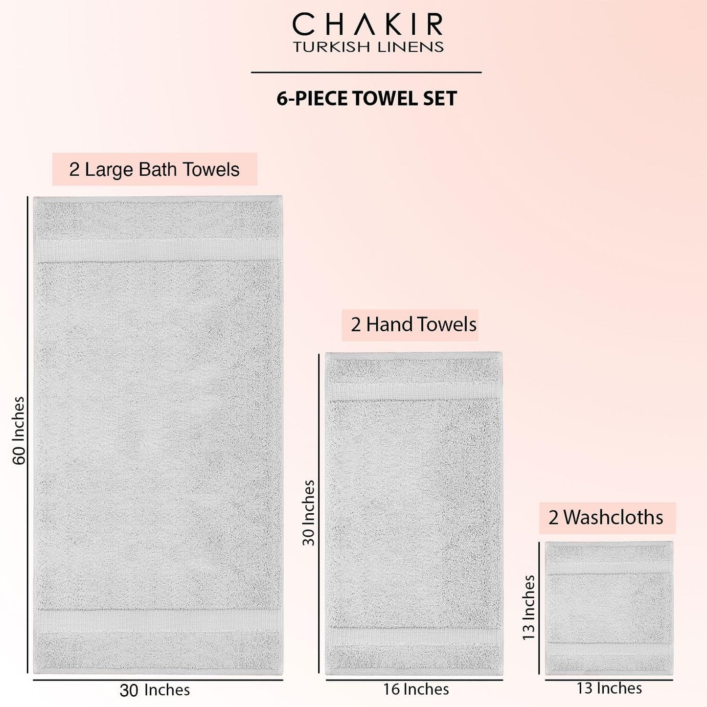 Chakir Turkish Linens 100% Cotton Premium Turkish Towels for Bathroom, 2 Large Bath Towels, 2 Hand Towels, 2 Washcloths (6-Piece Towel Set, Silver)