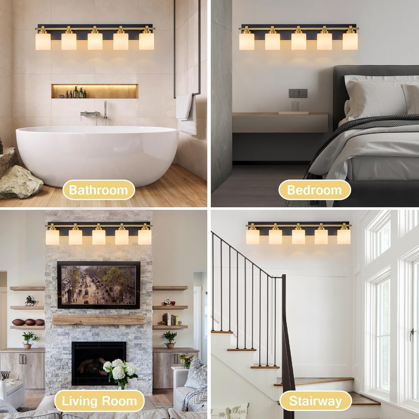 5 Light Modern Bathroom Light Fixtures Over Mirror, Black Gold Vanity Lights for Bathroom Wall Sconces with Milky White Glass Shades, E26 Socket (Bulbs Not Included)