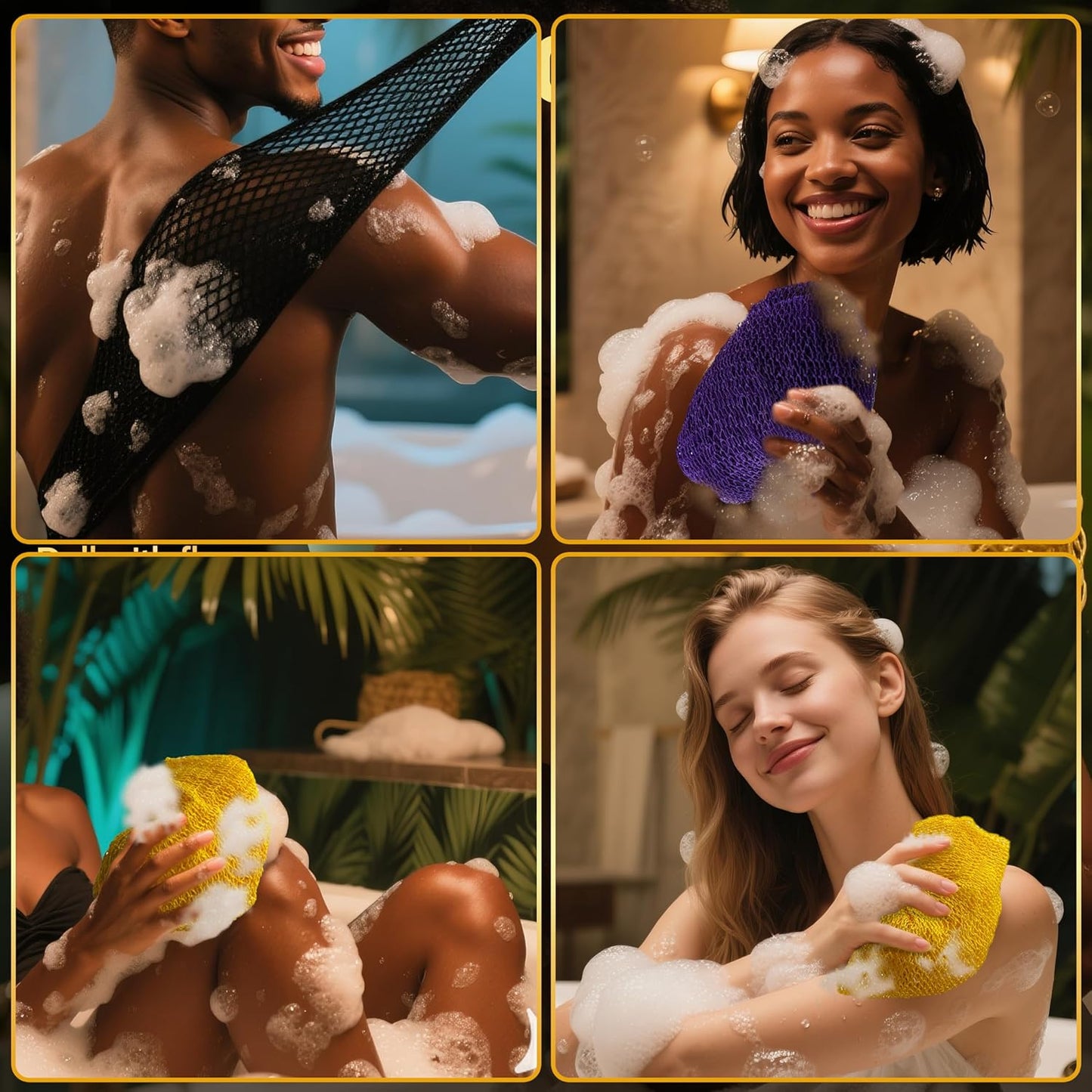 African Net Sponge Authentic,3Pack Loofah Exfoliating Body Scrubber Bath Sponge, Back Scrubber Washcloth for Shower,Gentle Exfoliator and Rich Lather for Women and Men (Black、Yellow、Purple)