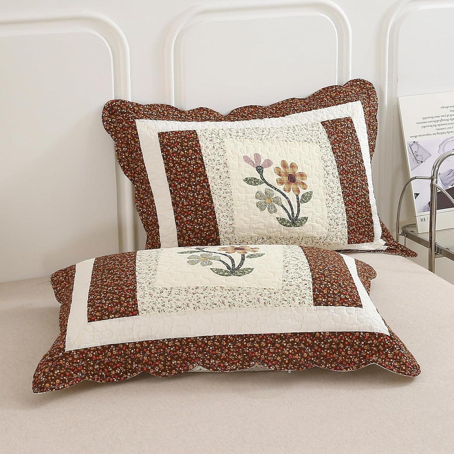 vctops 3 Piece Embroidered Floral Quilted Bedspread Quilt Set 100% Cotton Reversible Patchwork Coverlet Set 1 Quilt and 2 Pillow Shams (Coffee,King)