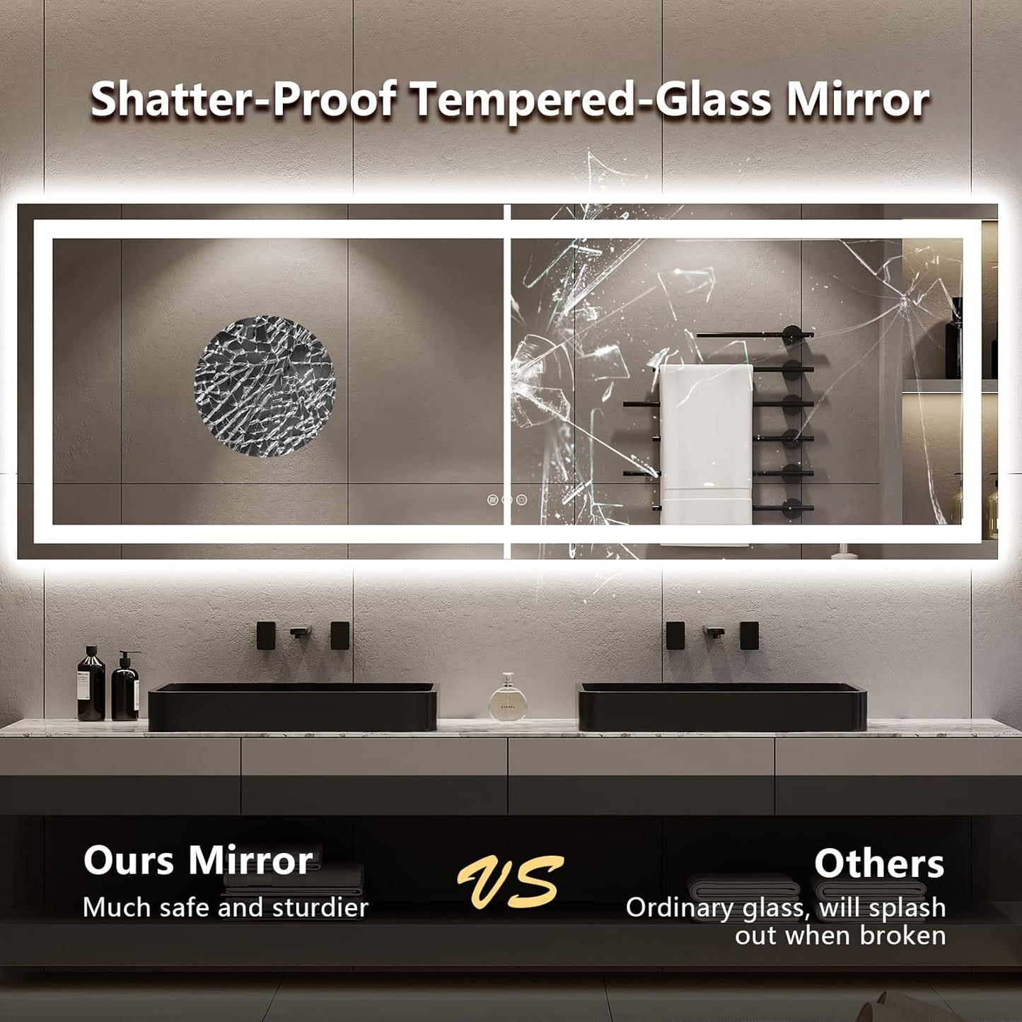 96x36 Inch LED Bathroom Mirror with Lights Front and Backlit Lighted Vanity Mirror for Bathroom Wall with 3 Colors Dimmable Anti-Fog Memory Shatter-Proof IP54 Waterproof Horizontal/Vertical