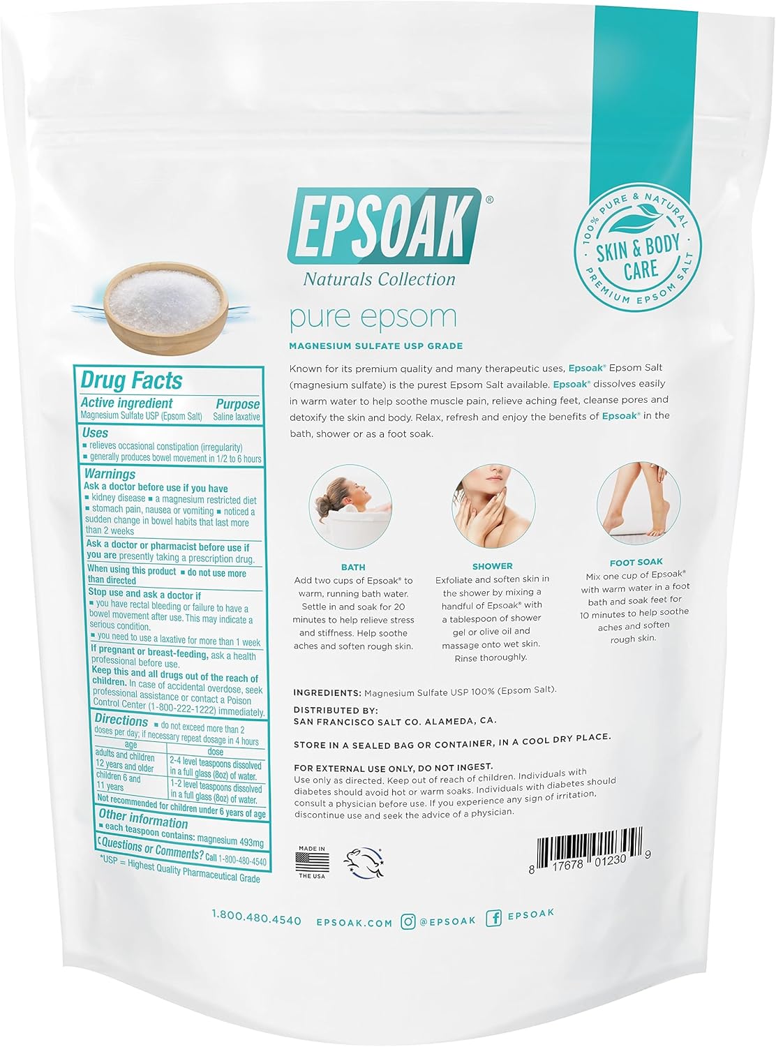 Epsoak Epsom Salt 4 lbs. USP Magnesium Sulfate (Qty. 2 x 2 lb. Bags)