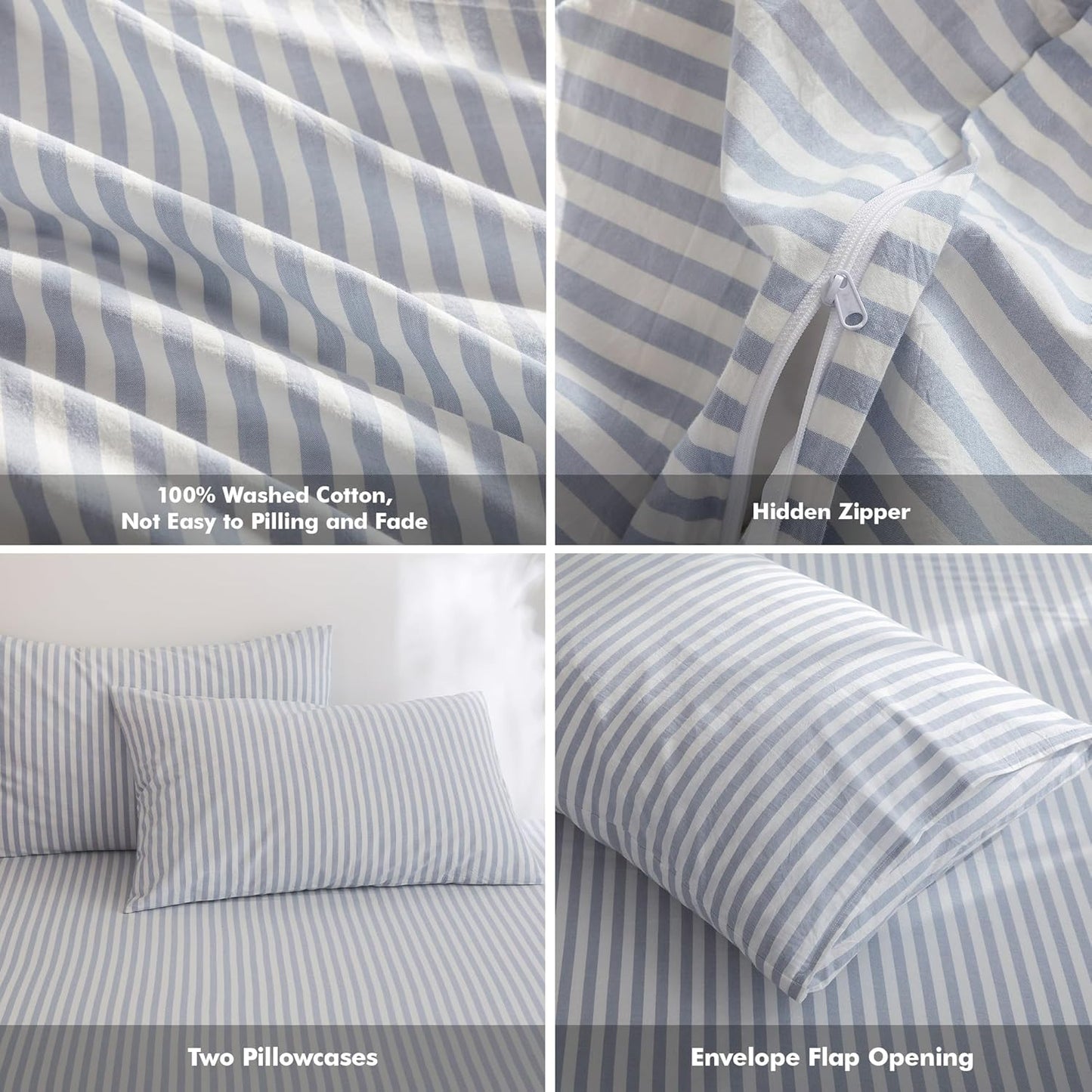 FOSSA Striped Duvet Cover Set 100% Washed Cotton Linen Feel Super Soft Breathable Cozy 3 Pieces Bedding Sets Cornflower Blue White Classic Stripes King