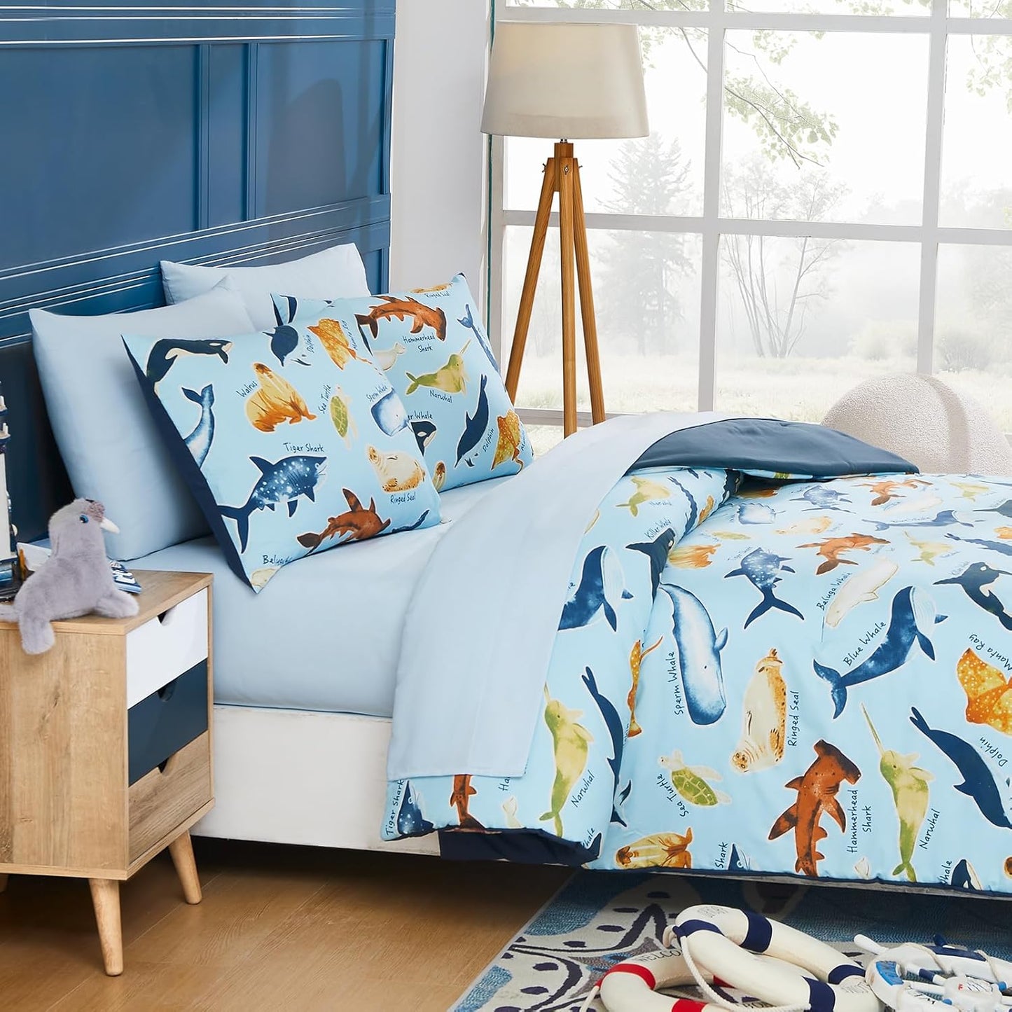Twin Comforter Set for Boys-5 Pieces Ocean Animals Glow in The Dark Twin Bedding Sets for Kids, Ultra Soft Bed in A Bag with Sheets