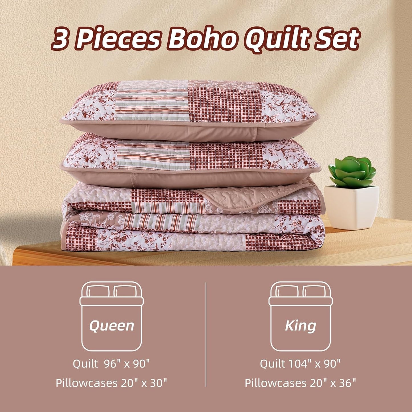 Mybedsoul Patchwork Quilt Set Queen Size, 3 Pieces Pink Floral Plaid Bedspread Coverlet Set, Reversible Soft Microfiber Bedding Set for All Season, Fall Winter Queen 90"x96"