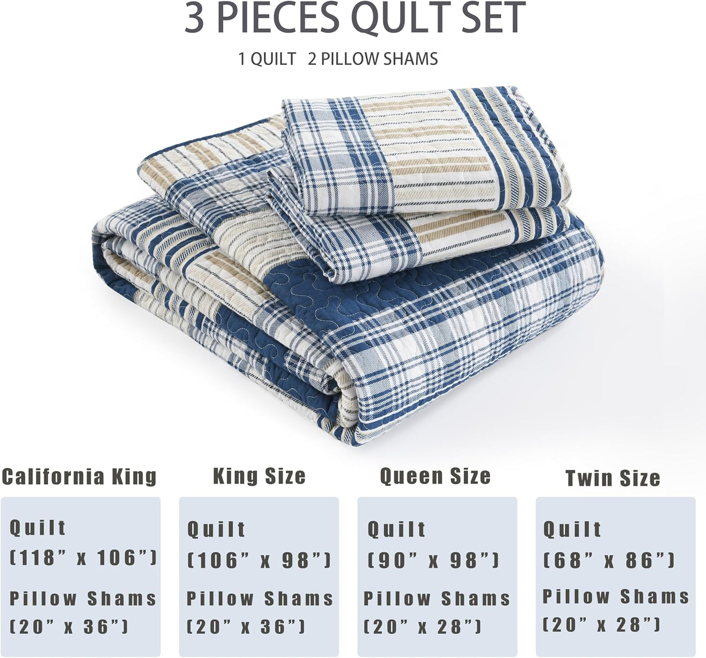Homzard California King Size Comforter Set,100% Cotton Oversized Plaid Striped California Quilt Set, Blue White Tan Bedding Sets (118 * 106 Inch) with 2 Pillow Shams, Farmhouse Reversible Bedspread