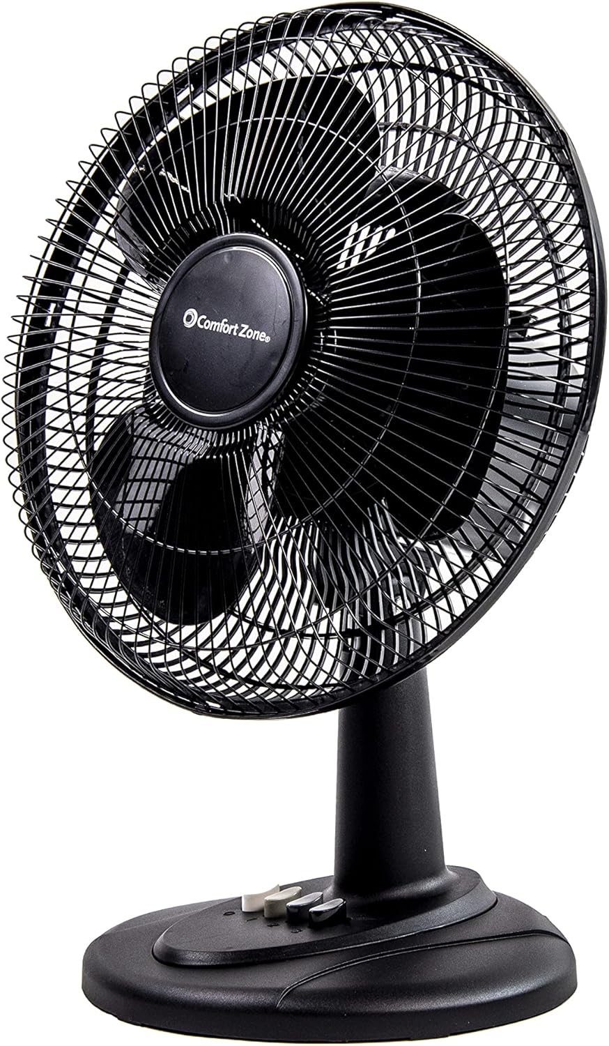 Comfort Zone Oscillating Table Fan with Adjustable Tilt, Convenient Push Button Controls, Quiet, 12 inch, 3 Speed, Desk Fan, Airflow 7.25 ft/sec, Ideal for Home, Bedroom, Dorm & Office, CZ121BK