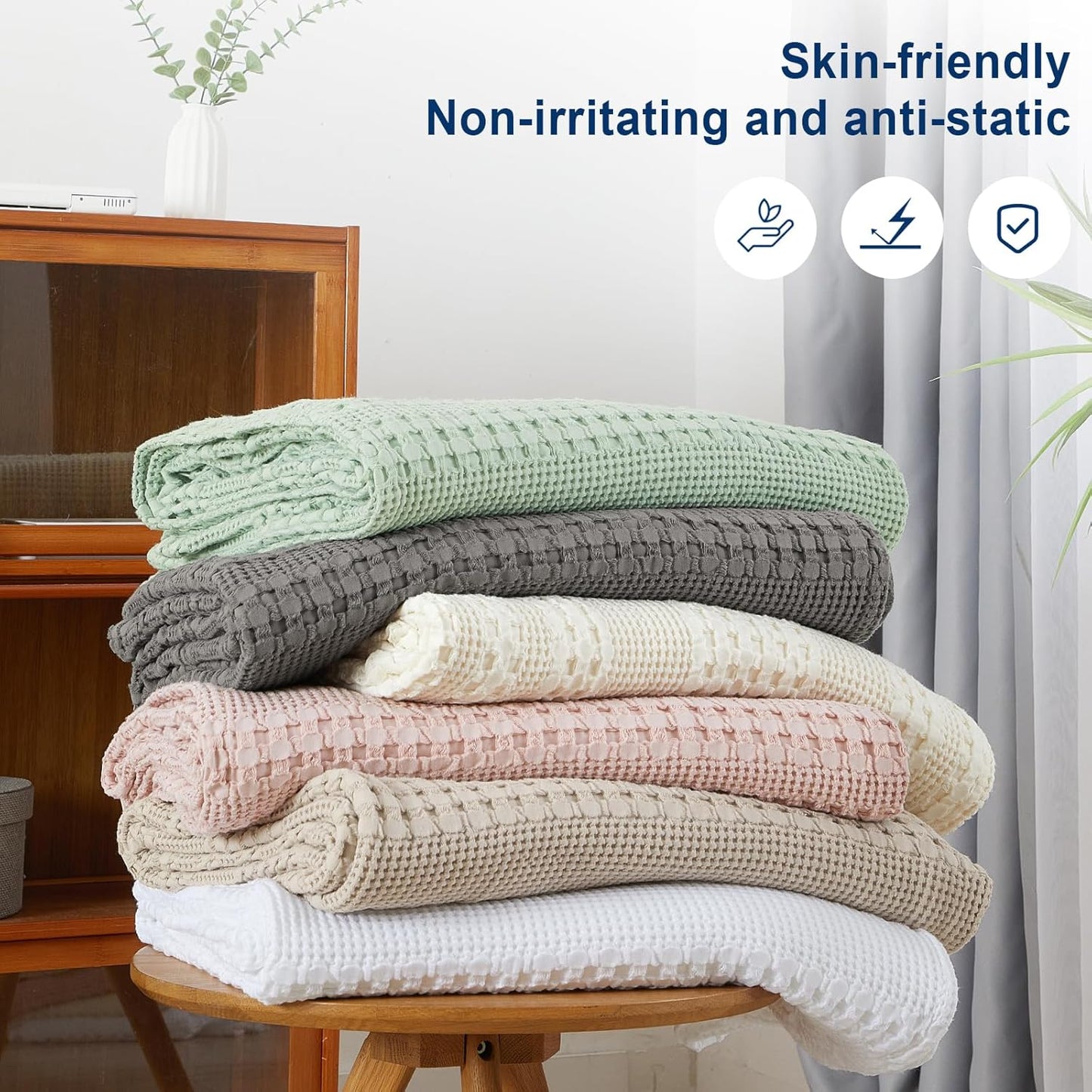 PHF 100% Cotton Waffle Weave Blanket King Size for Bed, Soft Lightweight & Breathable, All-Season Comfort, Luxury Aesthetic Woven Bedding for Home Decor, 108"x90", Oatmeal