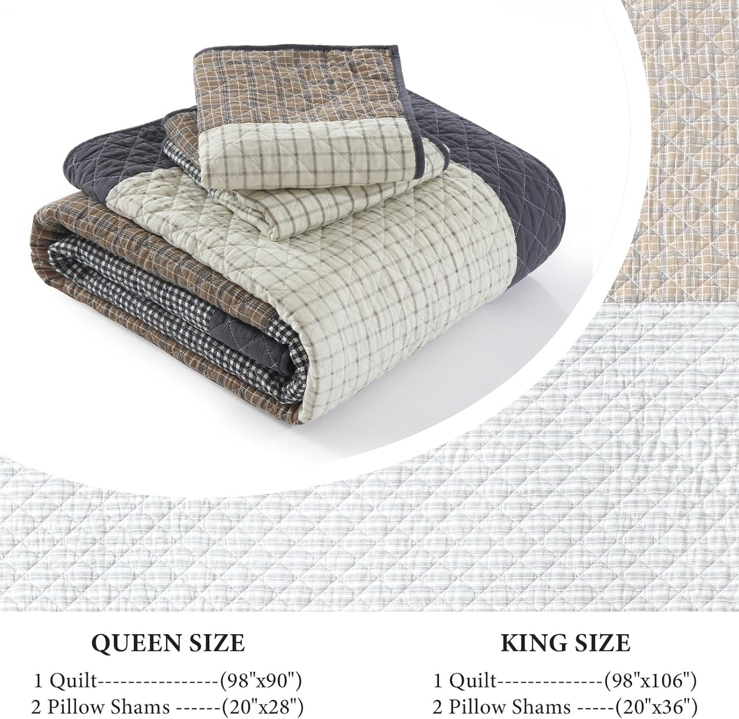 Uniclinens Quilt Set Queen Size, 100% Cotton Quilted Quilt Bedding Set Bedspread, Patchwork Plaid Quilt, Lightweight Quilted Comforter Set, 3 Pieces Set with 2 Pillowshams, Brown/Beige/Gray