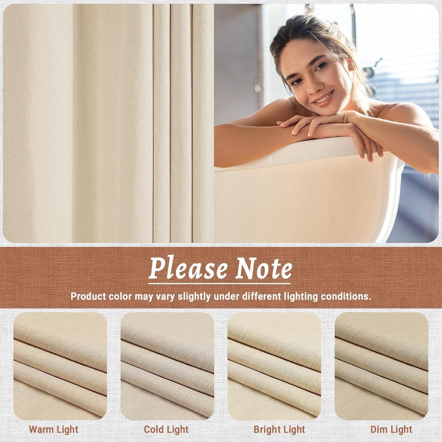 No Hook Cream Shower Curtain and Liner, Linen-Look Polyester Textured Shower Curtain with Snap in Liner, Waterproof & Washable Bath Curtains for Bathroom, 71Wx74H