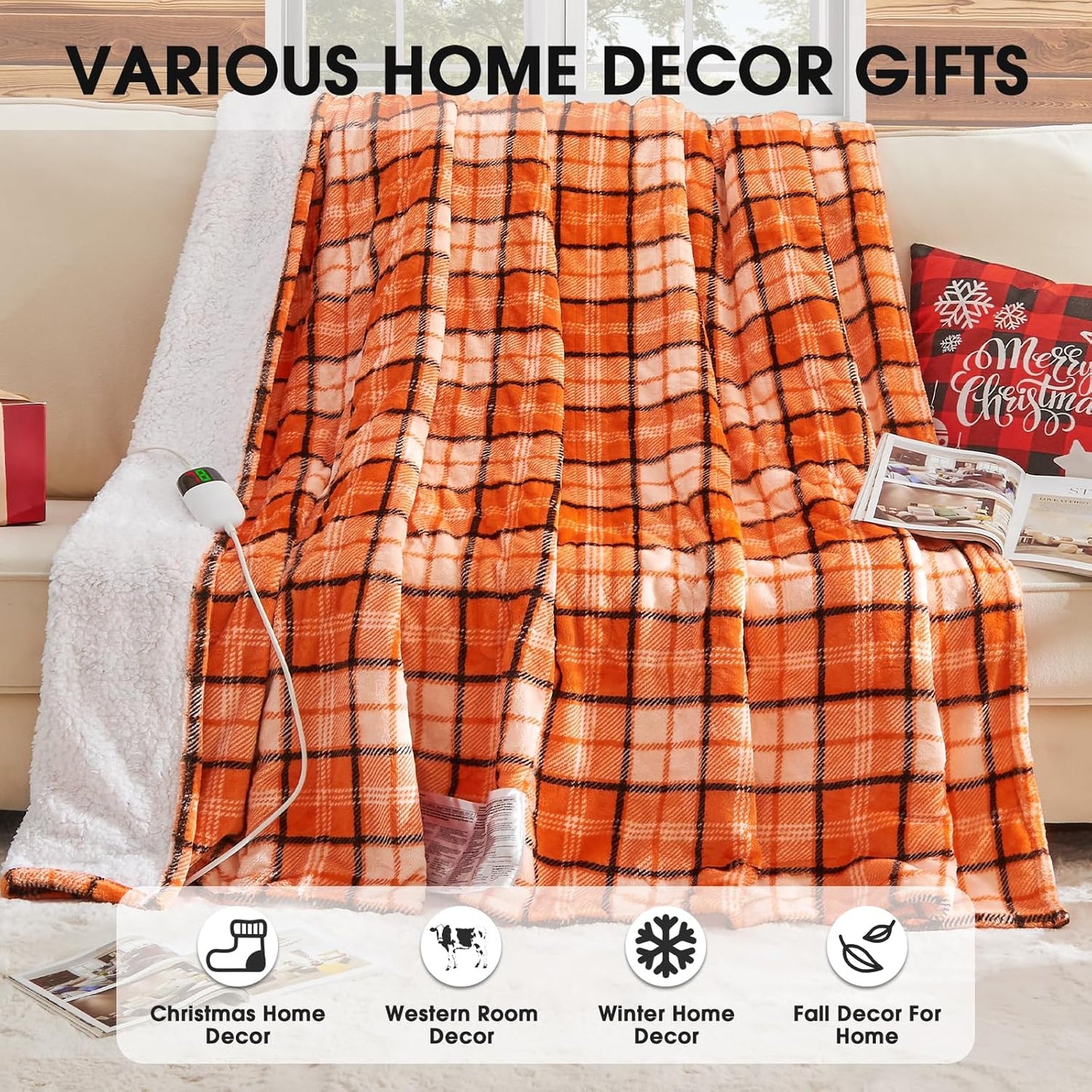 Heated Electric Blanket Full Size,72X84 Heating Blanket,Orange Plaid Soft Sherpa Blankets Warmer Gift for Grandma Women Adult,Fast Heating Washable