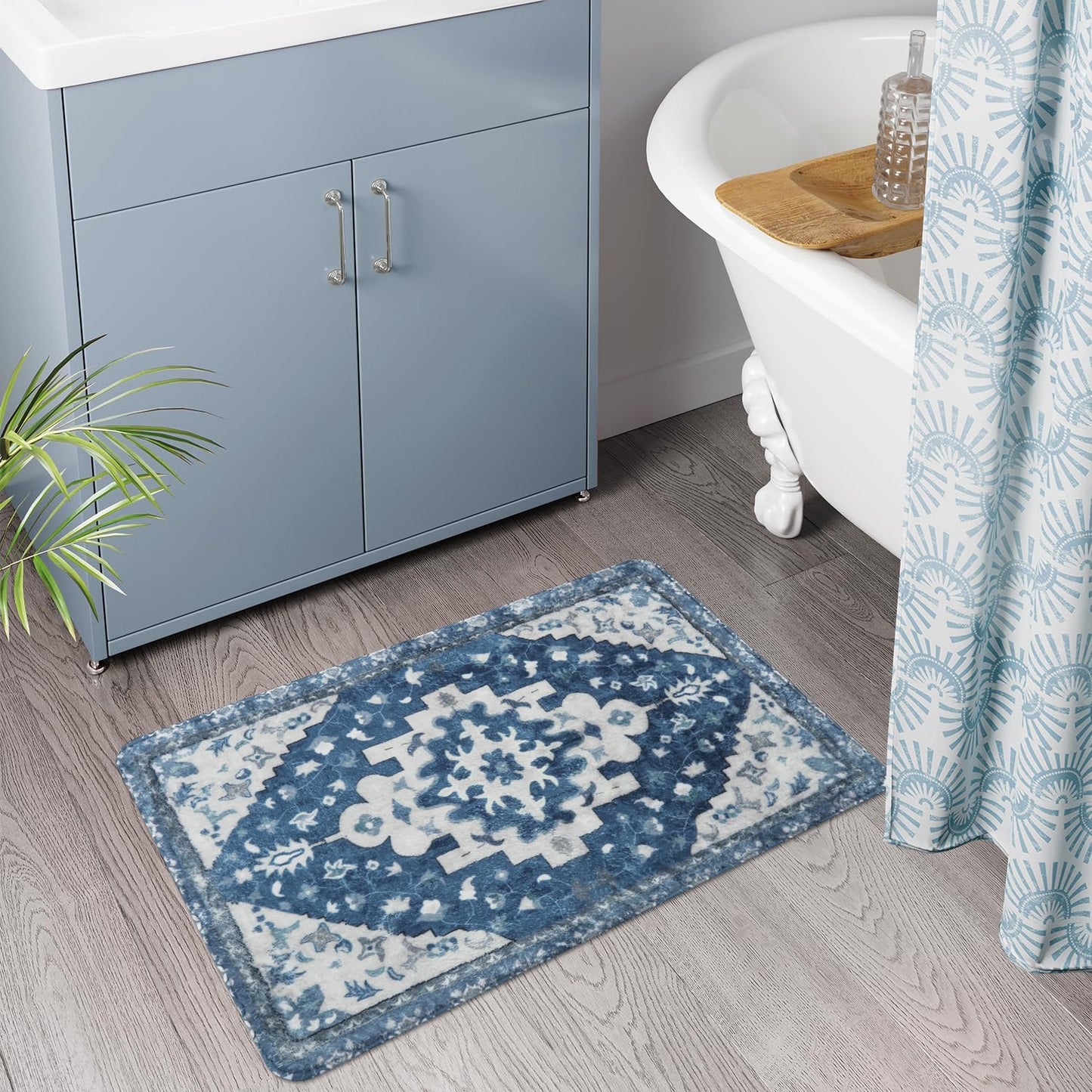 Uphome Boho Bathroom Rugs Blue Vintage Non-Slip Bath Rug Oriental Soft Machine Washable Bathroom Mat Cute Tribal Floral Bath Mats for Bathroom Decor for Sink Shower Toilet, 20x31 inch