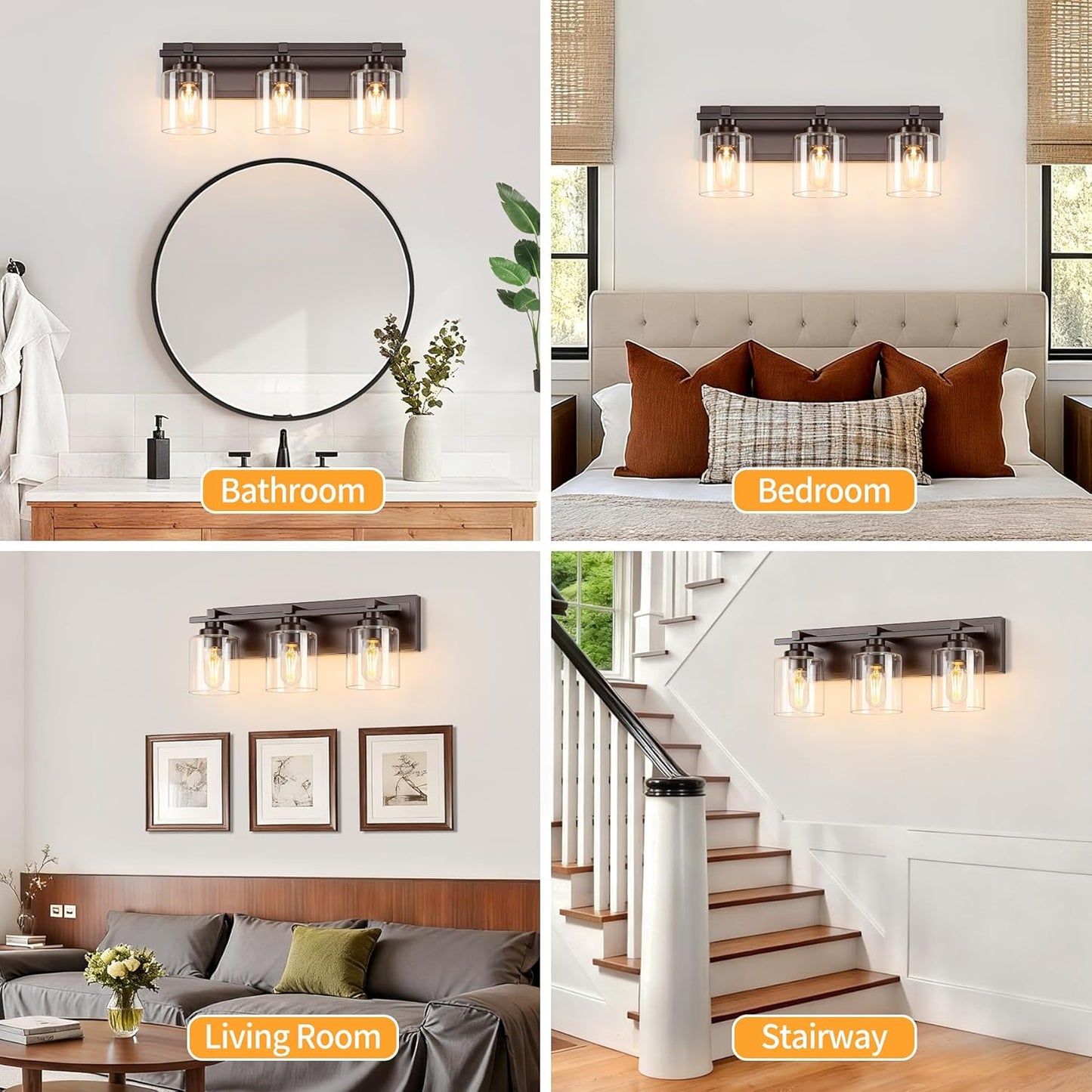 3 Light Modern Bathroom Light Fixtures Over Mirror, Bronze Finish Vanity Lights for Bathroom Wall Sconces with Clear Glass Shades, E26 Socket (Bulbs Not Included)