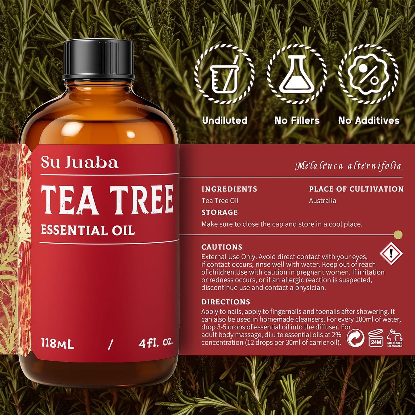 SU JUABA 4 Oz Tea Tree Essential Oil, 100% Natural Aromatherapy Oil for Toenail,Skin,Face,Hair,Shampoo - 118ML