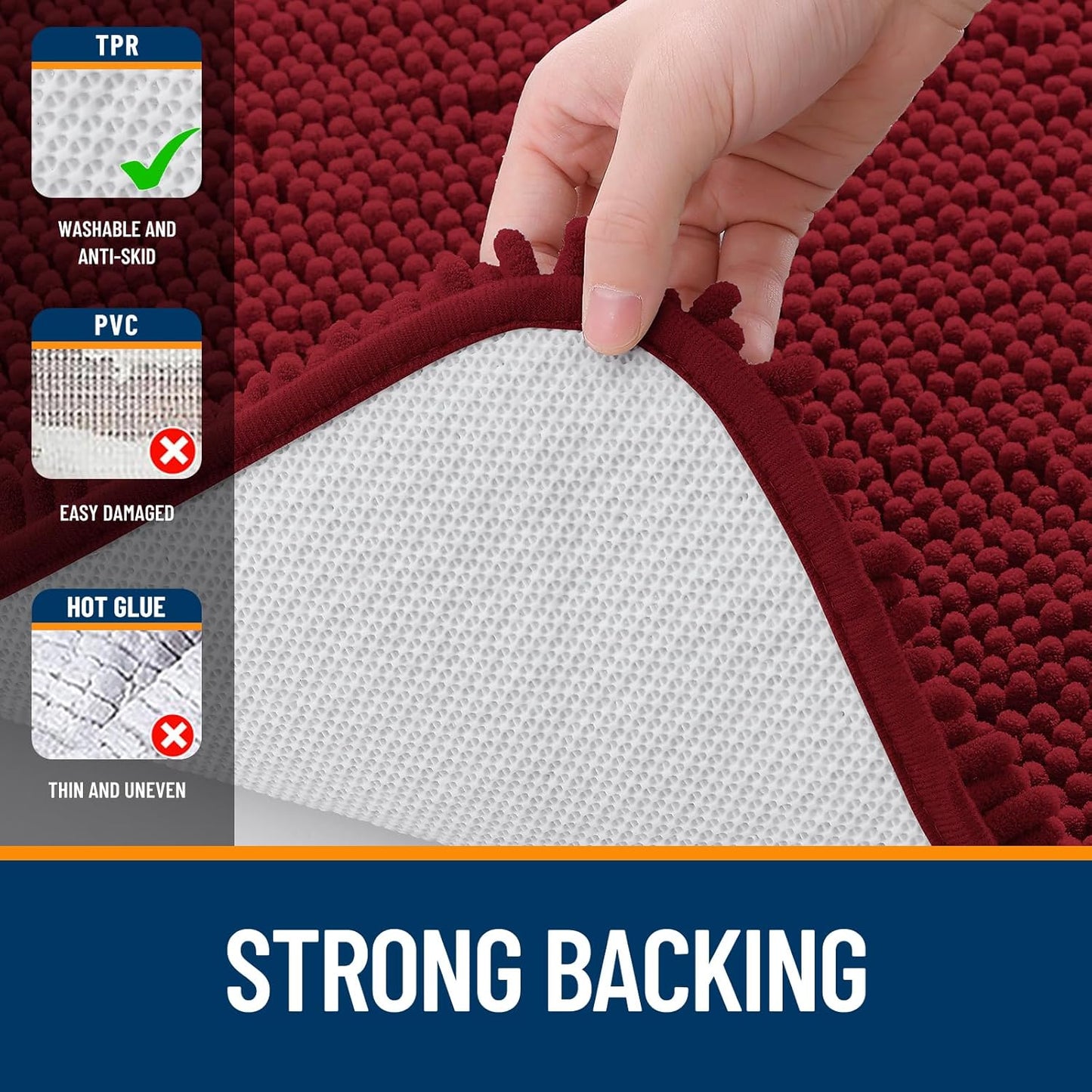 OLANLY Bathroom Rugs 47x17, Extra Soft Absorbent Chenille Bath Rugs, Rubber Backing Quick Dry, Machine Washable Bath Mats for Bathroom Floor, Tub and Shower, Home Decor Accessories, Red