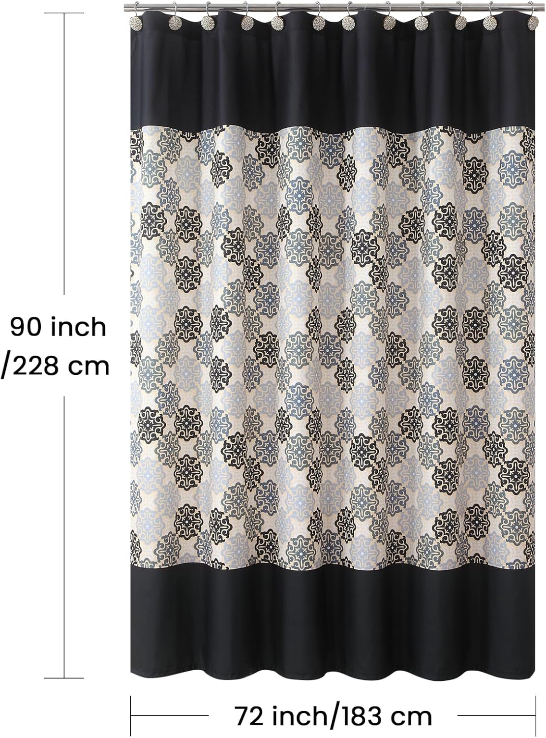 90 Inch Fabric Shower Curtain, Extra Long Black Beige Grey Boho Medallion Print Shower Curtains for Bathroom, 72" W x 90" H