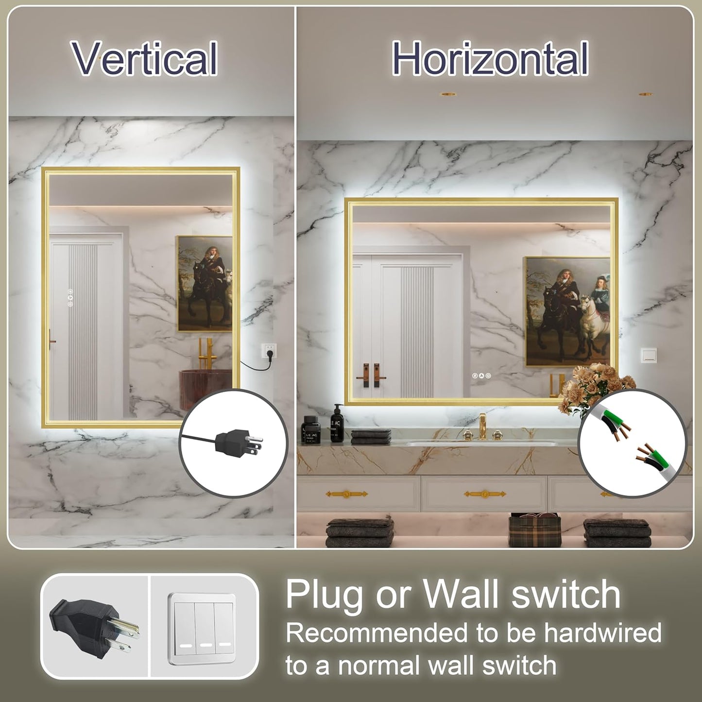 40x30 Inch Gold LED Bathroom Mirror with Front and Back Lights, Adjustable 3000K/4500K/6000K, Framed Lighted Bathroom Vanity Mirror, Dimmable, Anti-Fog, Horizontal/Vertical