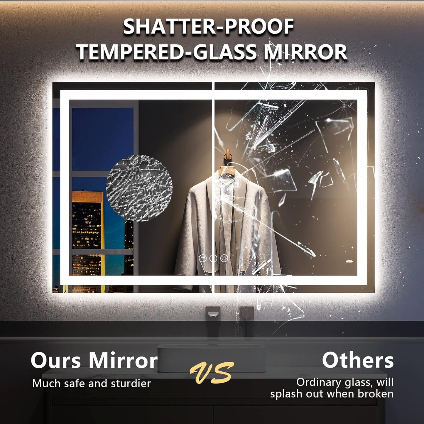 55x36 Inch LED Bathroom Mirror with Lights Front and Backlit Lighted Vanity Mirror for Bathroom Wall with 3 Colors Dimmable Anti-Fog Memory Shatter-Proof IP54 Waterproof Horizontal/Vertical