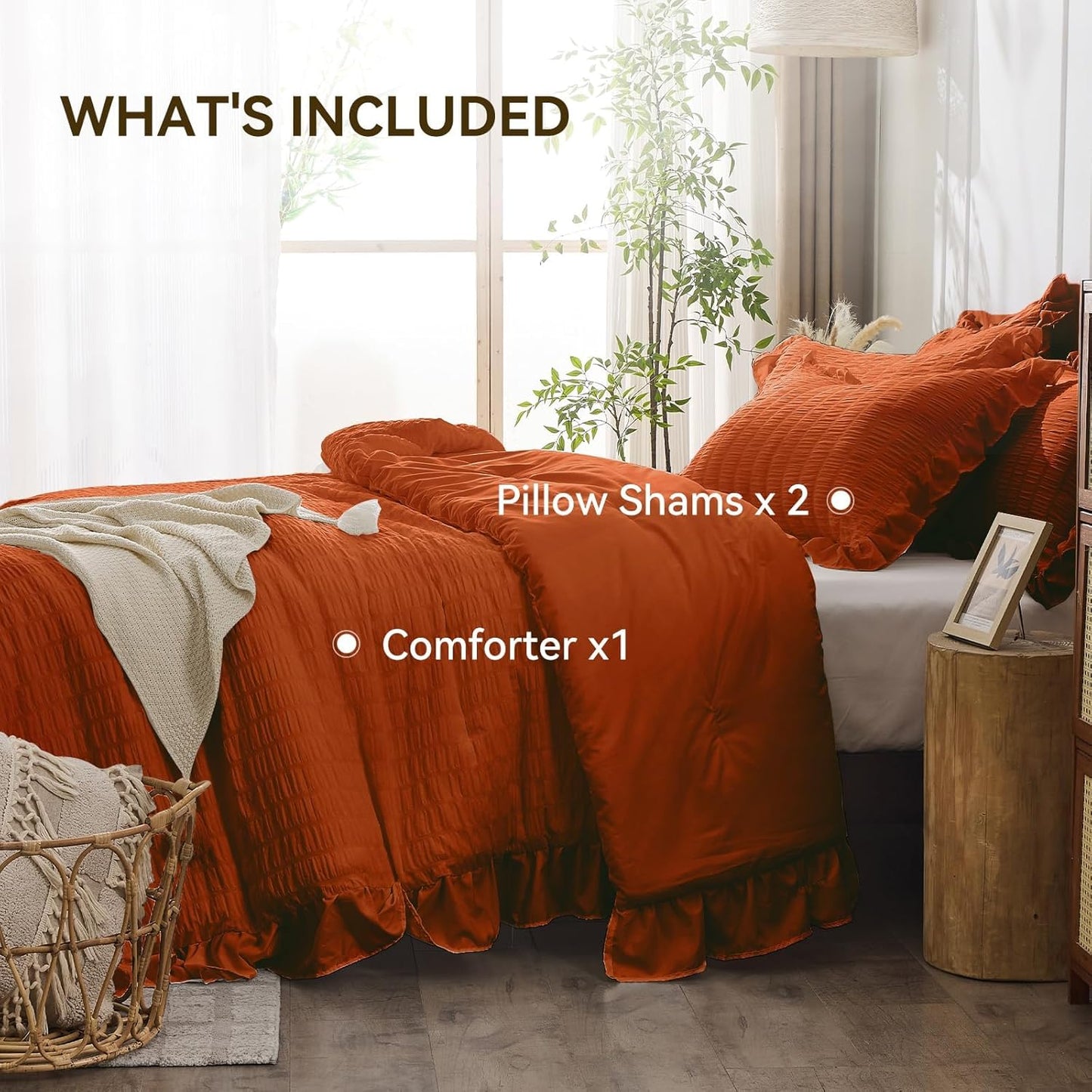 JOLLYVOGUE Burnt Orange Queen Comforter Set, 3 Pieces Seersucker Comforters Queen Size, Lightweight & Fluffy Bedding Sets Queen for All Season with 1 Ruffle Comforter and 2 Ruffle Pillowshams