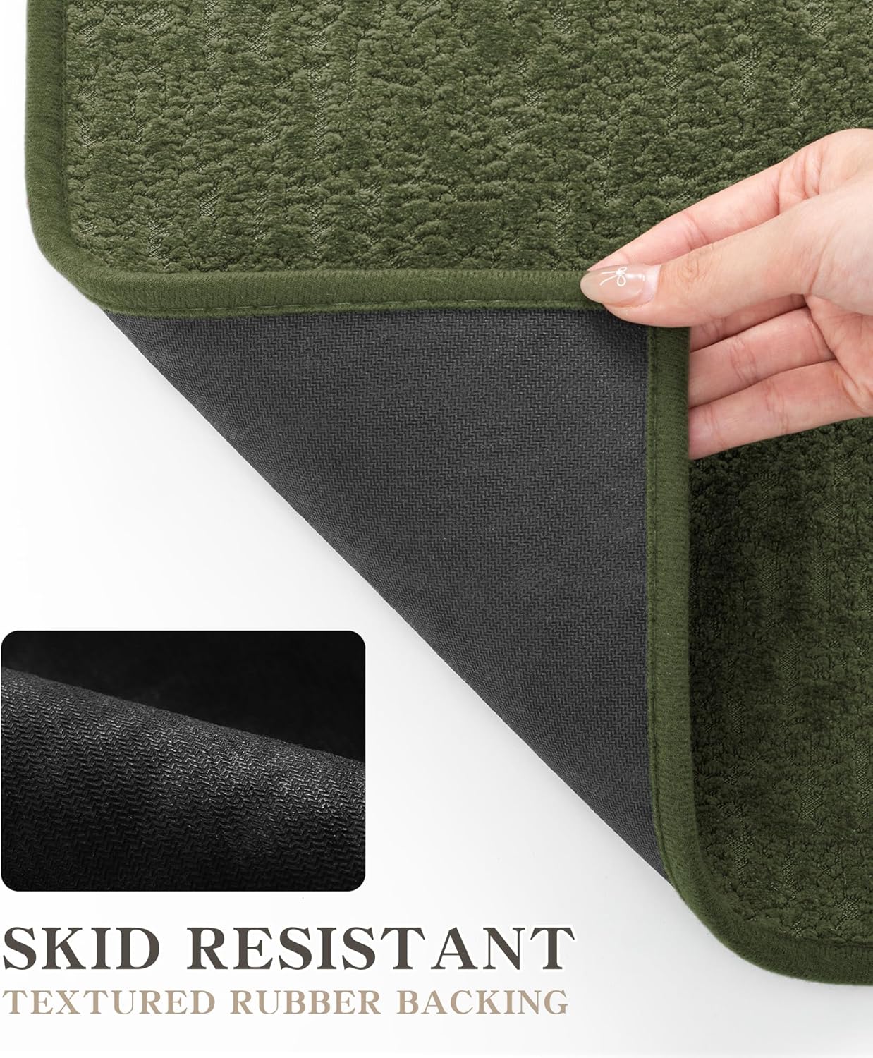 chakme Bathroom Rug Sets 5 Piece, Ultra Thin Bath Mat Quick Dry, Absorbent, Non Slip, Machine Washable, Dark Green, 17" x 24" / 17" x 30" / 17" x 59"