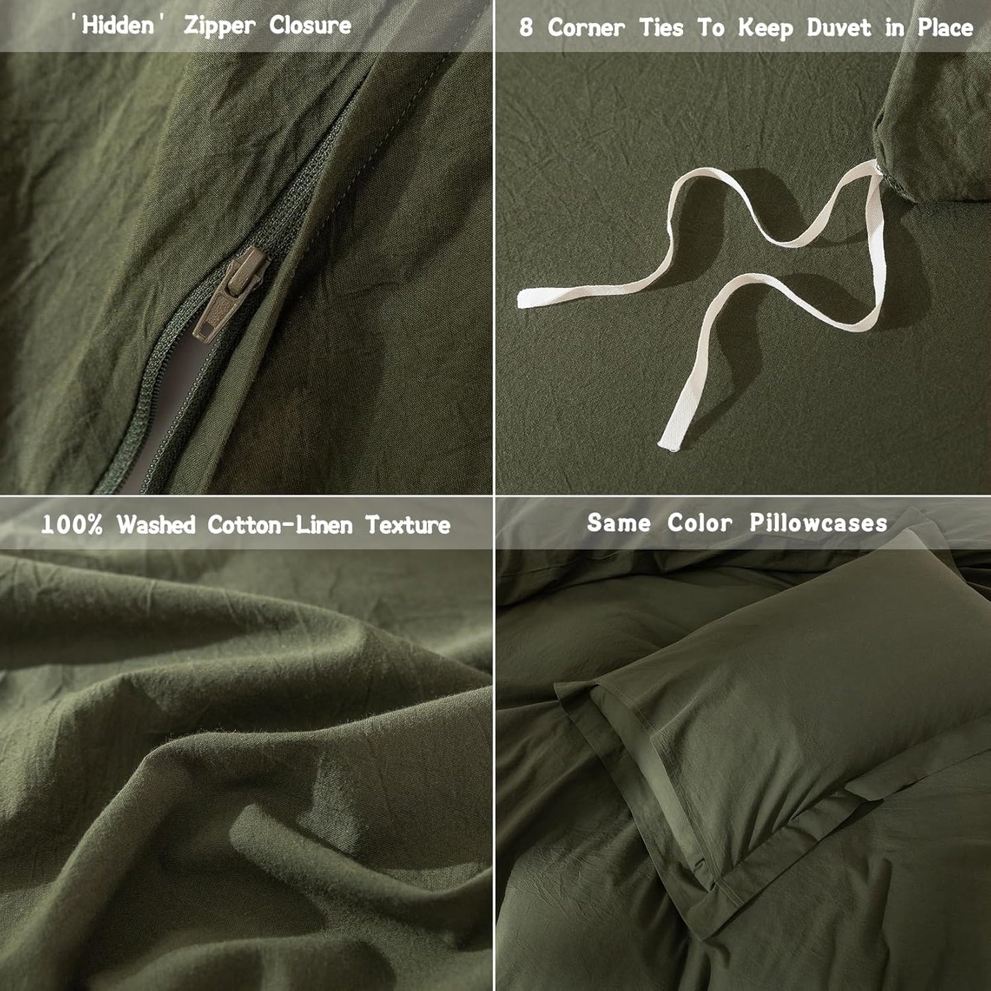 Olive Green Duvet Cover Oversize Queen Size, 100% Washed Cotton Bedding Set Cover 1 Duvet Cover 98inch x 98inch with Zipper Closure and 2 Pillowcases, Olive Green