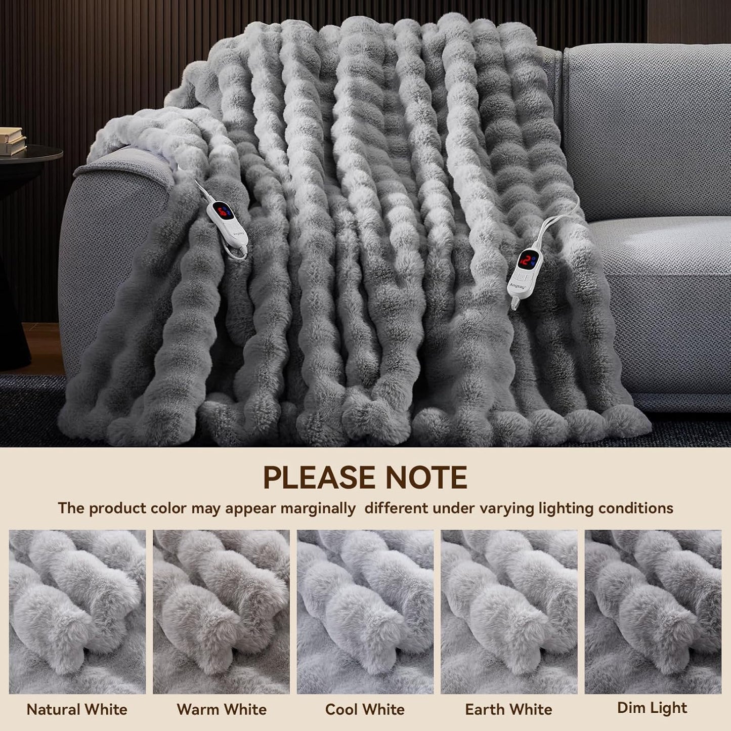Heated Blanket King Size with 1/2/4/6/8 Hours Auto-Off 10 Heat Level, 90'' * 100'' Cozy Faux Rabbit Fur Bubble Electric Blanket with Overheat Protection(Light Grey)