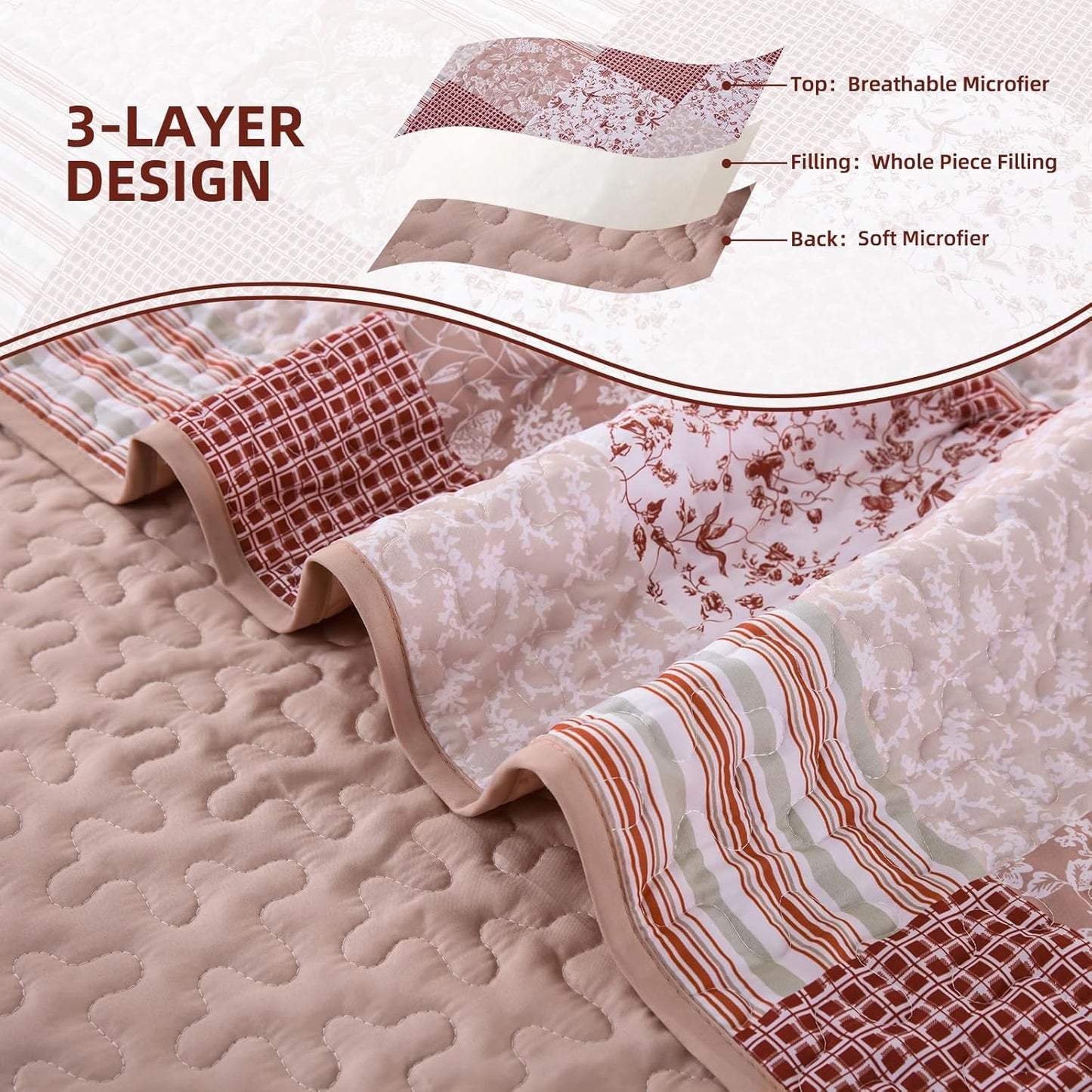 Mybedsoul Patchwork Quilt Set King Size, 3 Pieces Pink Floral Plaid Bedspread Coverlet Set, Reversible Soft Microfiber Bedding Set for All Season, Fall Winter King 90"x104"