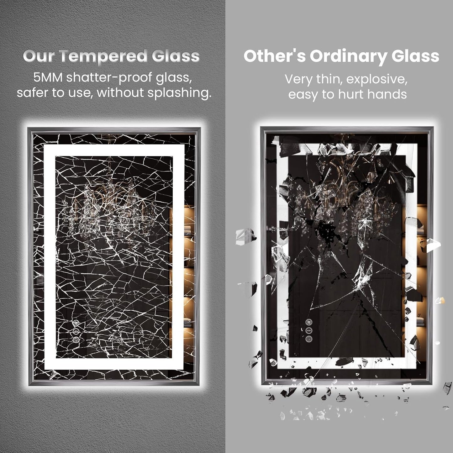 Amorho 60"X30" LED Bathroom Mirror, Brushed Nickel Framed Mirror with Front Light and Backlit, Stepless Dimmable, Anti-Fog, Shatter-Proof, Memory, 3 Colors