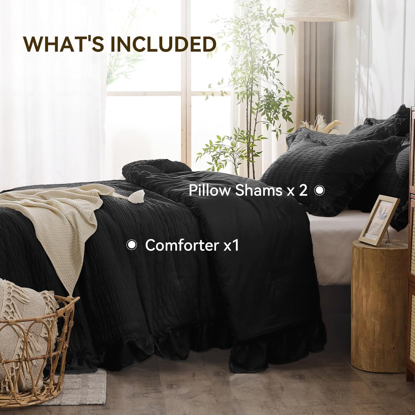 JOLLYVOGUE Black Comforter Full Size, 3 Pieces Seersucker Lightweight Full Size Bedding, All Season Fluffy Microfiber Bedding Comforter Set with 1 Ruffle Comforter and 2 Ruffle Pillowshams