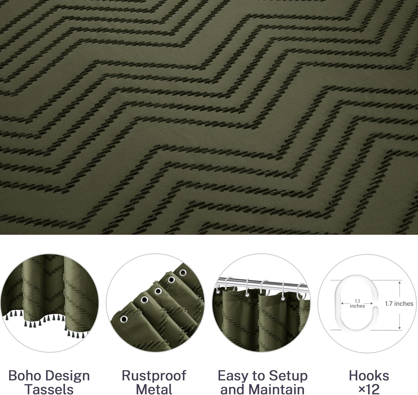 Boho Extra Long Olive Green Shower Curtain with Tassel, Woven Fabric, Tufted Chevron Striped, 72 x 78, Modern Chic Textured Minimalist