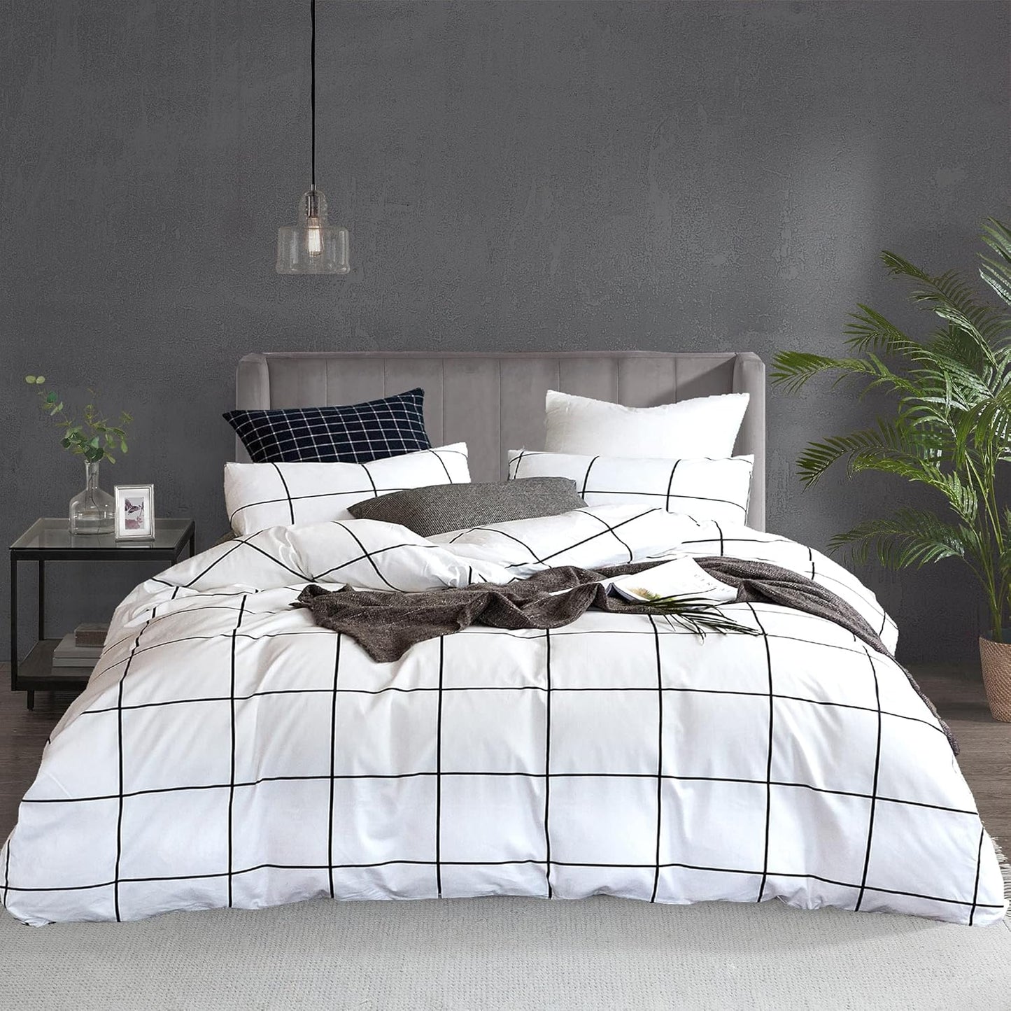 KAREVER White Grid Comforter Twin Plaid Bedding Set Stripes Boys Checkered Comforters Bedding Set Girls White Grid Comforter Set Twin
