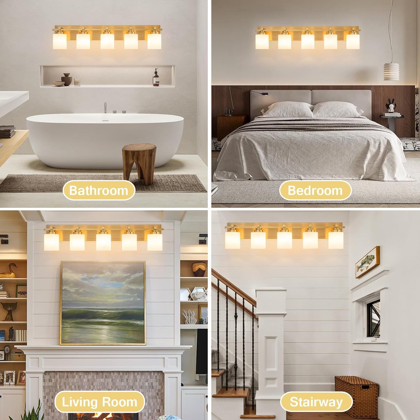 5 Light Modern Bathroom Light Fixtures Over Mirror, Brass Finish Vanity Lights for Bathroom Wall Sconces with Milky White Glass Shades, E26 Socket (Bulbs Not Included)