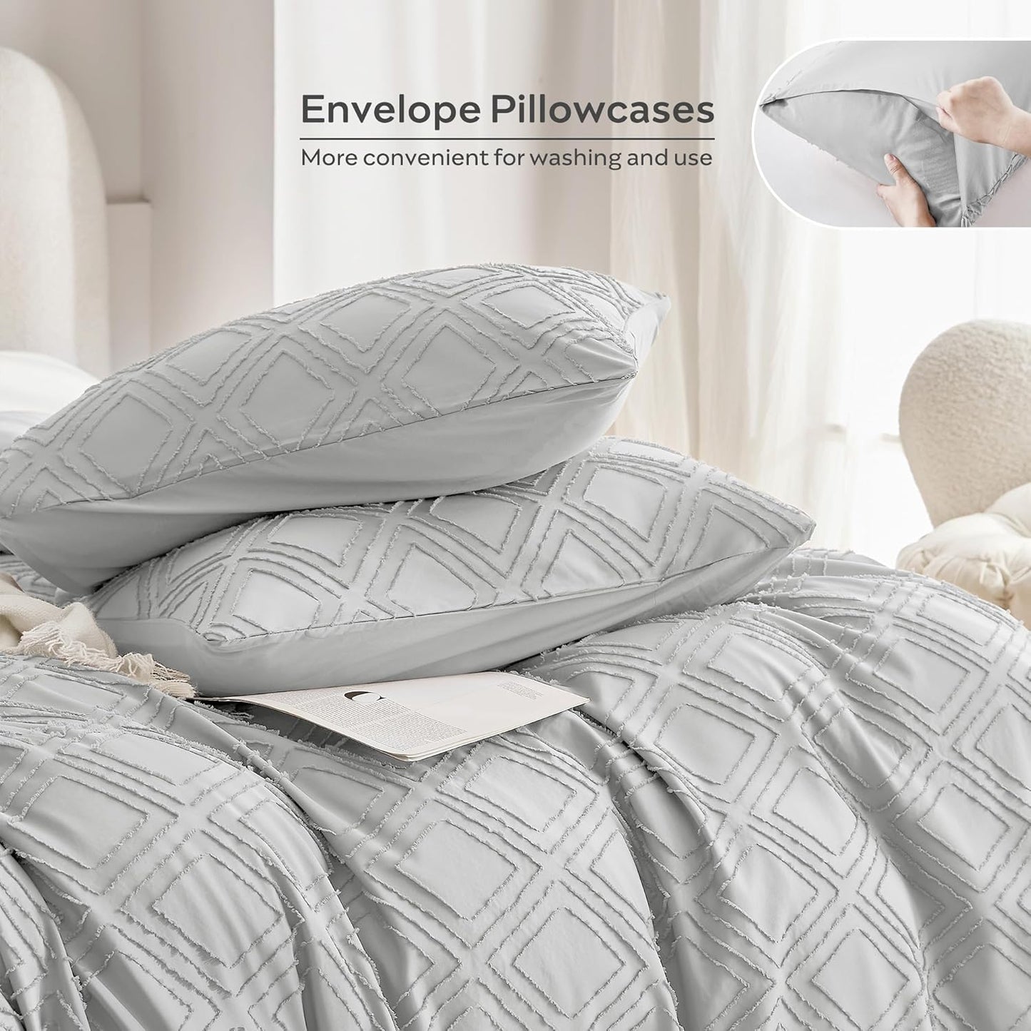 JELLYMONI Duvet Cover King Size Light Grey - 3PCS Boho Duvet Cover Set Plaid Polyester Tufted Bohemian Jacquard Knit Textured Comforter Cover 104×90in Rhombic Geometric Pattern Zipper Corner Tie